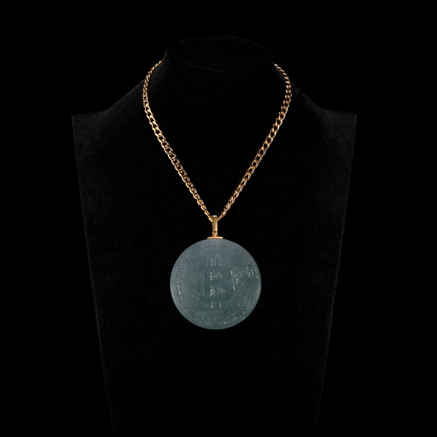 Natural Icy Jadeite Bitcoin Coin Round Disc Pendant | BTC Engraved | 18K Gold Bail - Grade A Natural Jade Jewelry