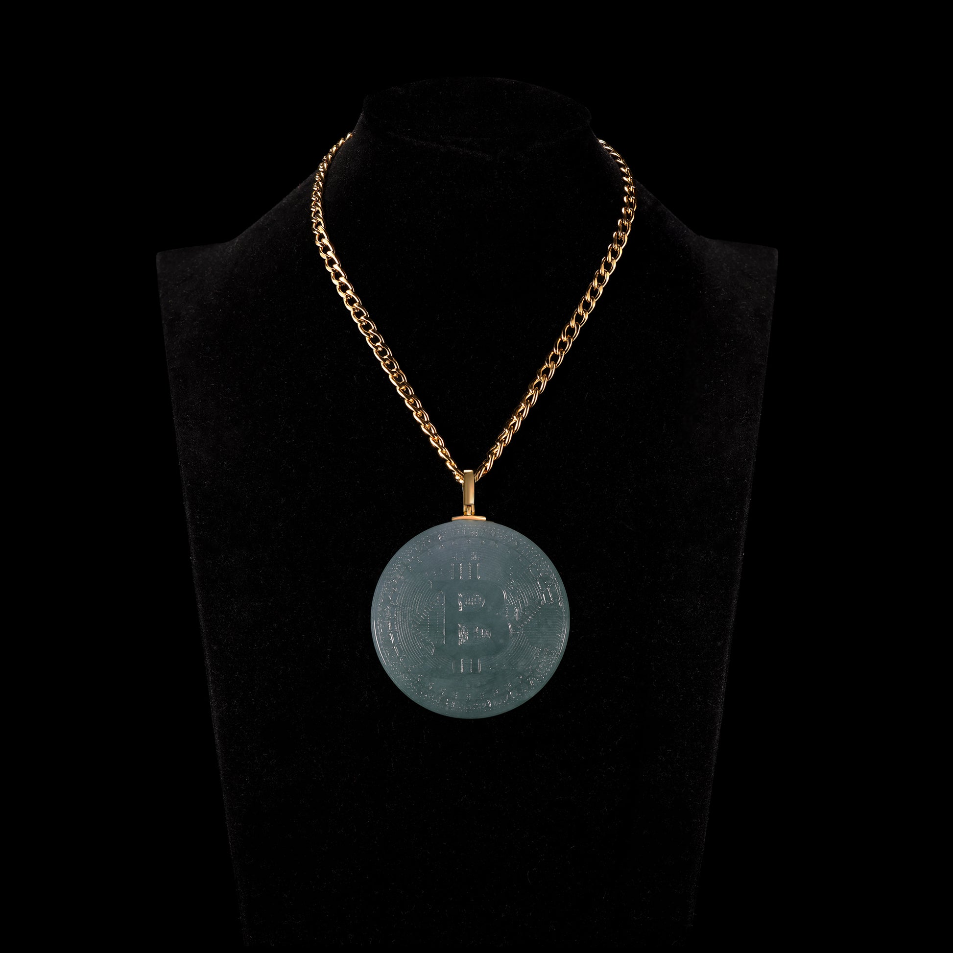 Natural Icy Jadeite Bitcoin Coin Round Disc Pendant | BTC Engraved | 18K Gold Bail - Grade A Natural Jade Jewelry