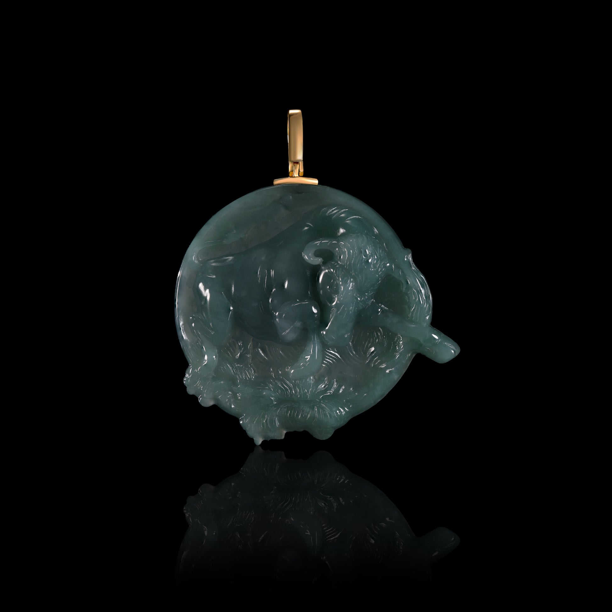 Natural Icy Jadeite Coiled Tiger Round Disc Pendant | Full 3D Relief Breakout Carving | 18K Gold Bail - Grade A Natural Jade Jewelry