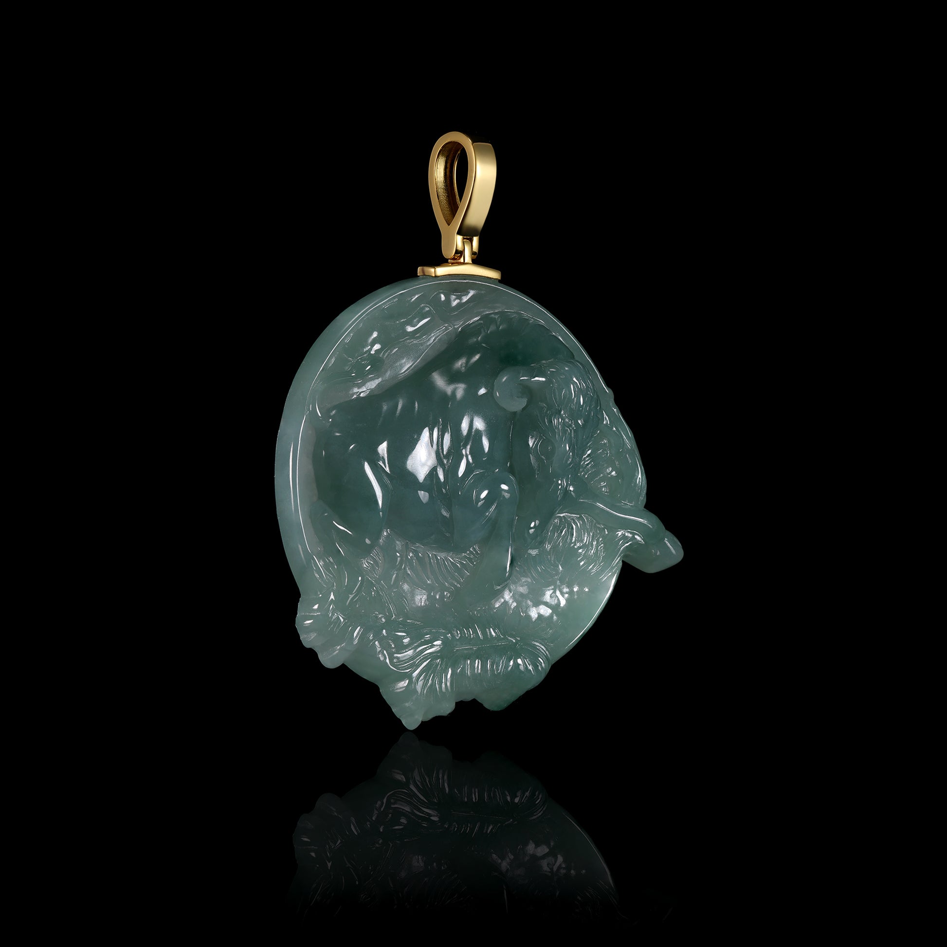 Natural Icy Jadeite Coiled Tiger Round Disc Pendant | Full 3D Relief Breakout Carving | 18K Gold Bail - Grade A Natural Jade Jewelry