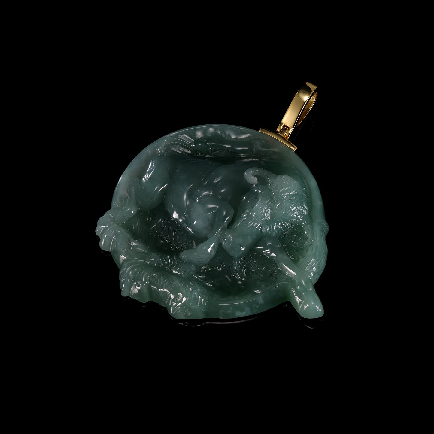 Natural Icy Jadeite Coiled Tiger Round Disc Pendant | Full 3D Relief Breakout Carving | 18K Gold Bail - Grade A Natural Jade Jewelry
