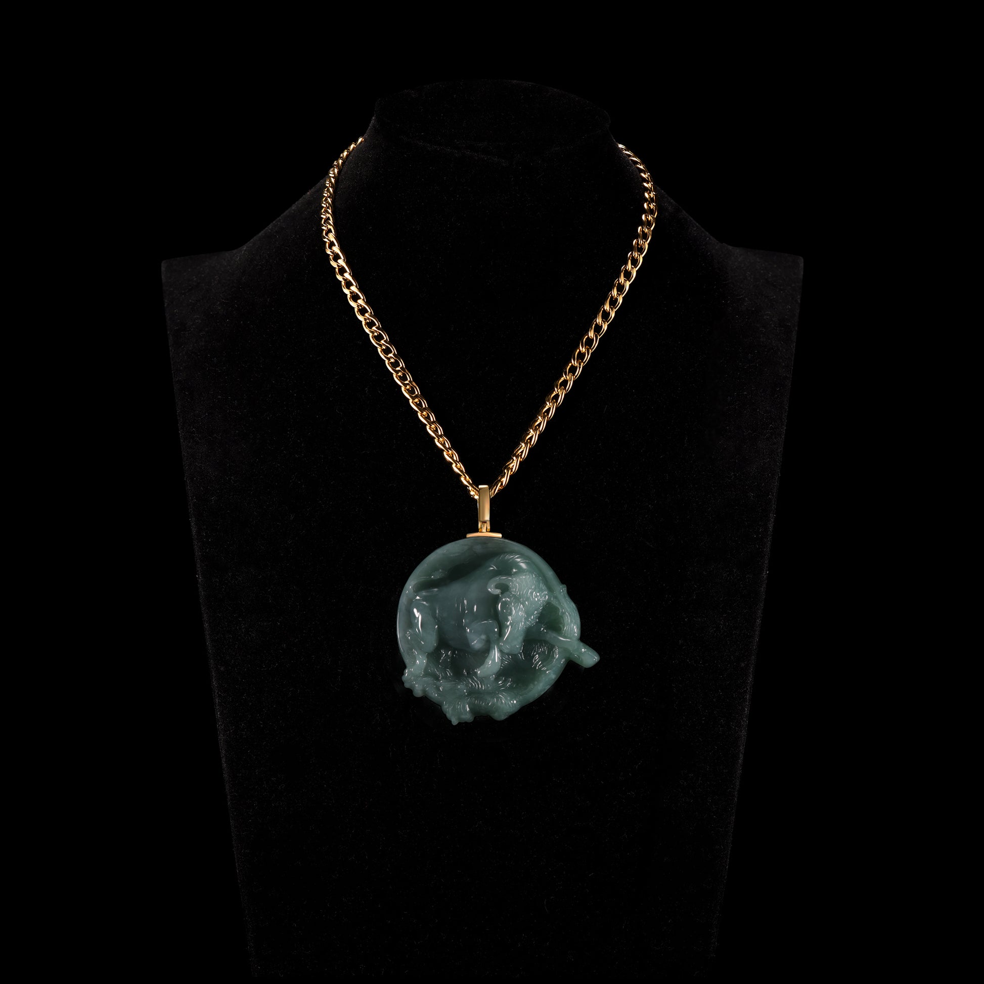 Natural Icy Jadeite Coiled Tiger Round Disc Pendant | Full 3D Relief Breakout Carving | 18K Gold Bail - Certified Grade A jade pendant from Jadelume