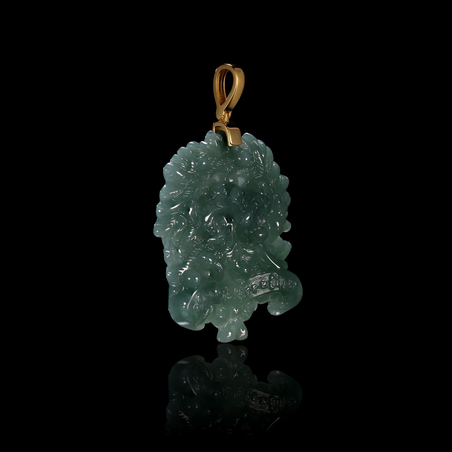 Natural Icy Jadeite Lion & Ball Freeform Pendant | Exploded Mane 3D Relief | 18K Gold Bail - Grade A Natural Jade Jewelry