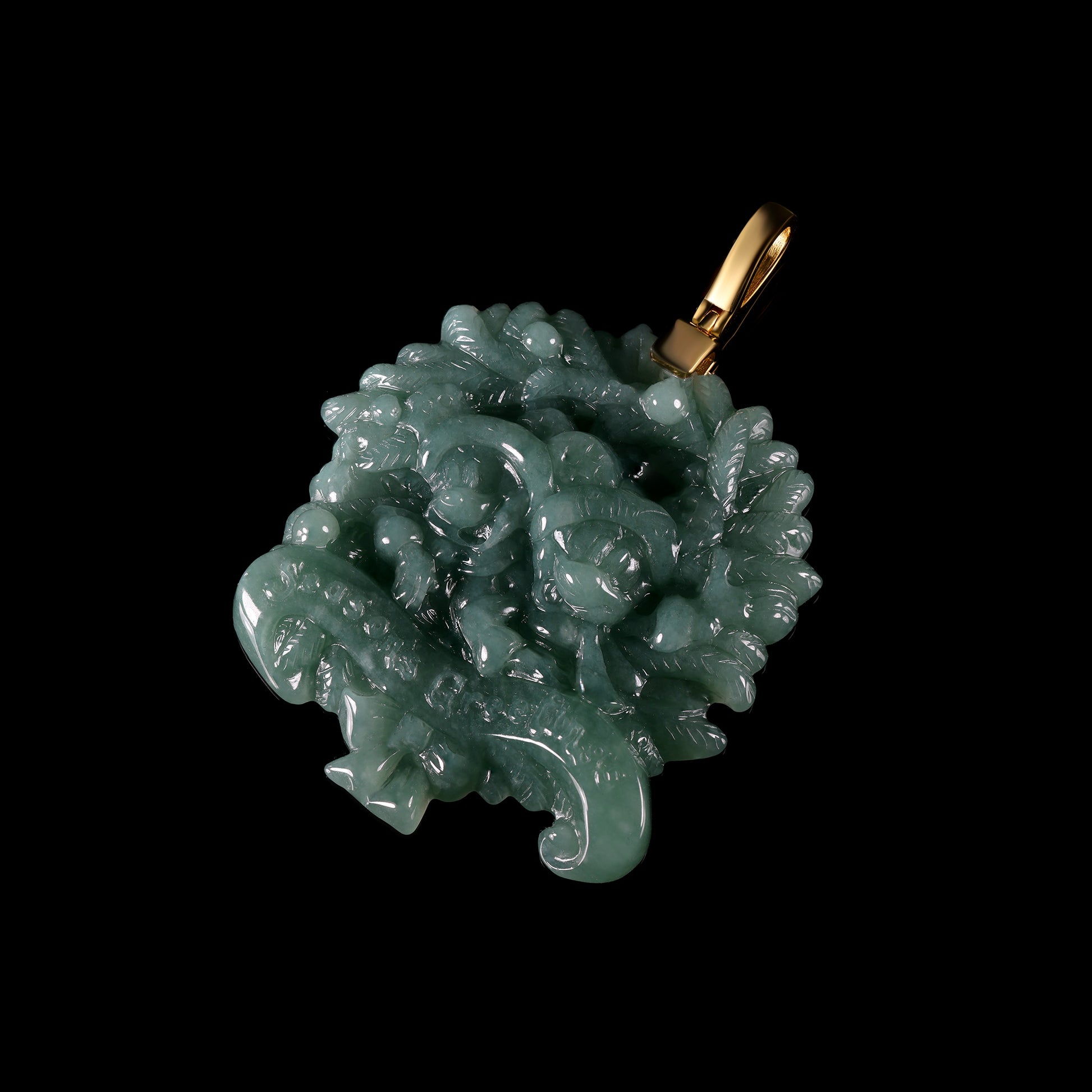 Natural Icy Jadeite Lion & Ball Freeform Pendant | Exploded Mane 3D Relief | 18K Gold Bail - Grade A Natural Jade Jewelry