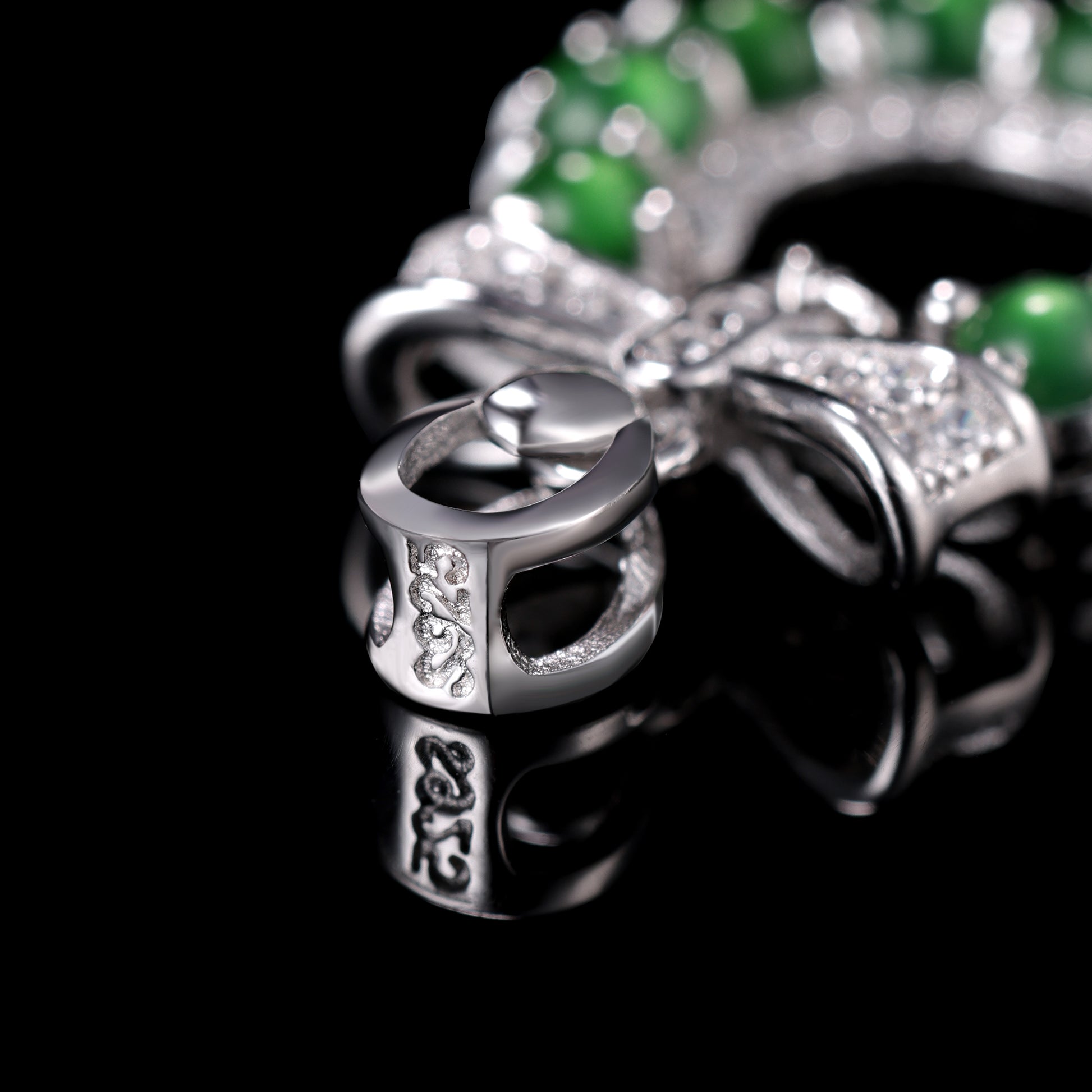 Natural Jadeite Wreath Pendant | 12-Bead Circle | Diamond Bow & Bell | S925 Silver - Certified Grade A jade pendant from Jadelume