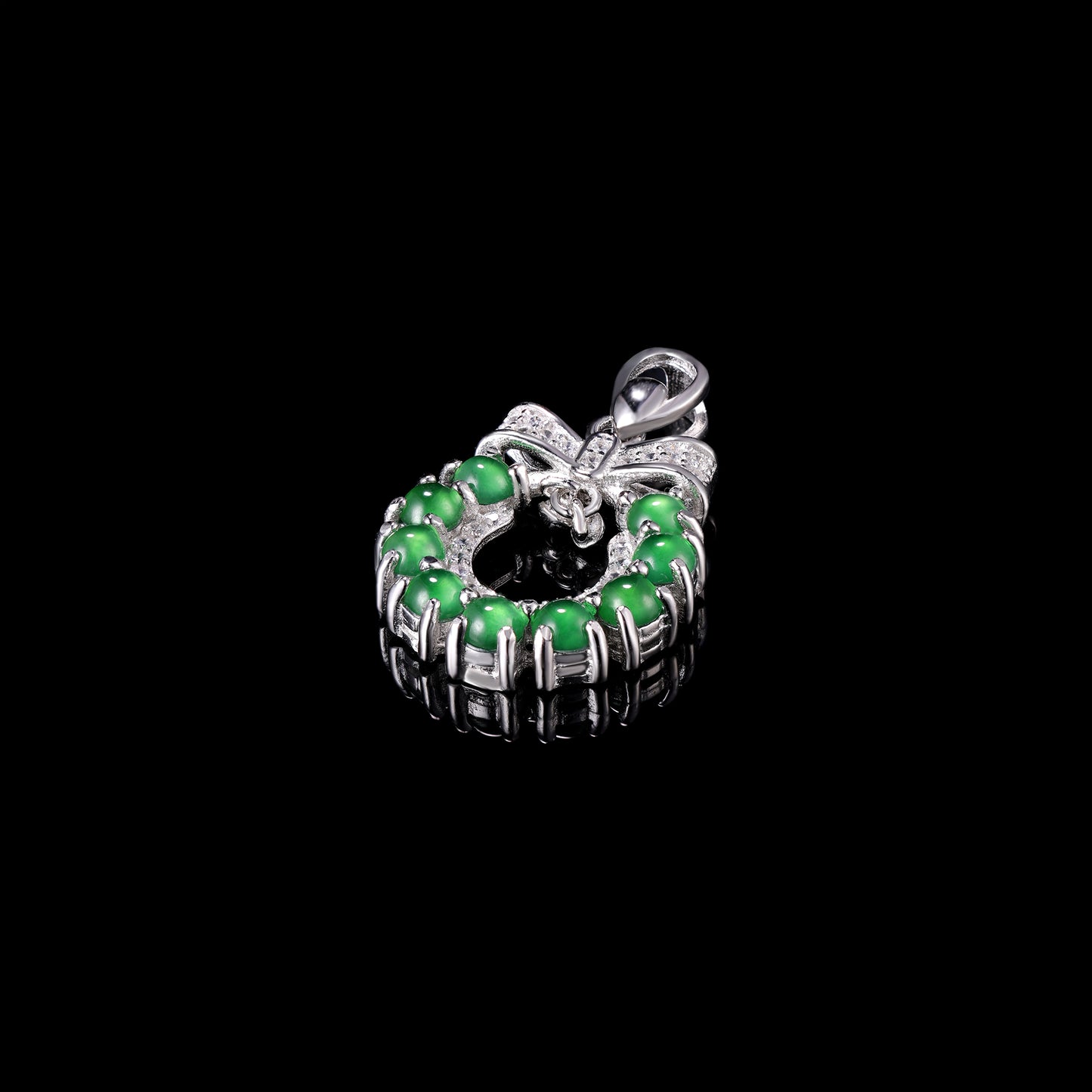 Natural Jadeite Wreath Pendant | 12-Bead Circle | Diamond Bow & Bell | S925 Silver - Grade A Natural Jade Jewelry