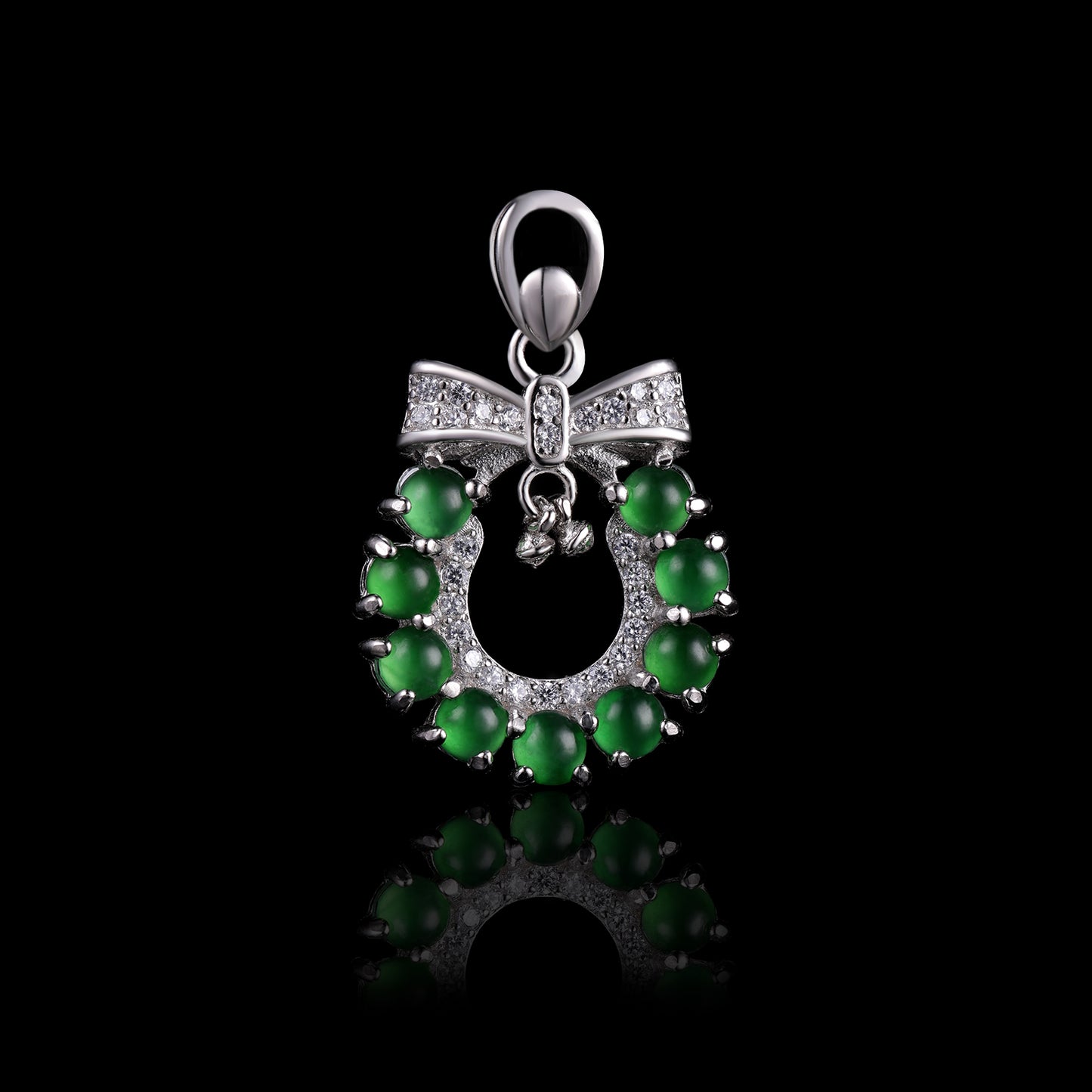 Natural Jadeite Wreath Pendant | 12-Bead Circle | Diamond Bow & Bell | S925 Silver - Grade A Natural Jade Jewelry