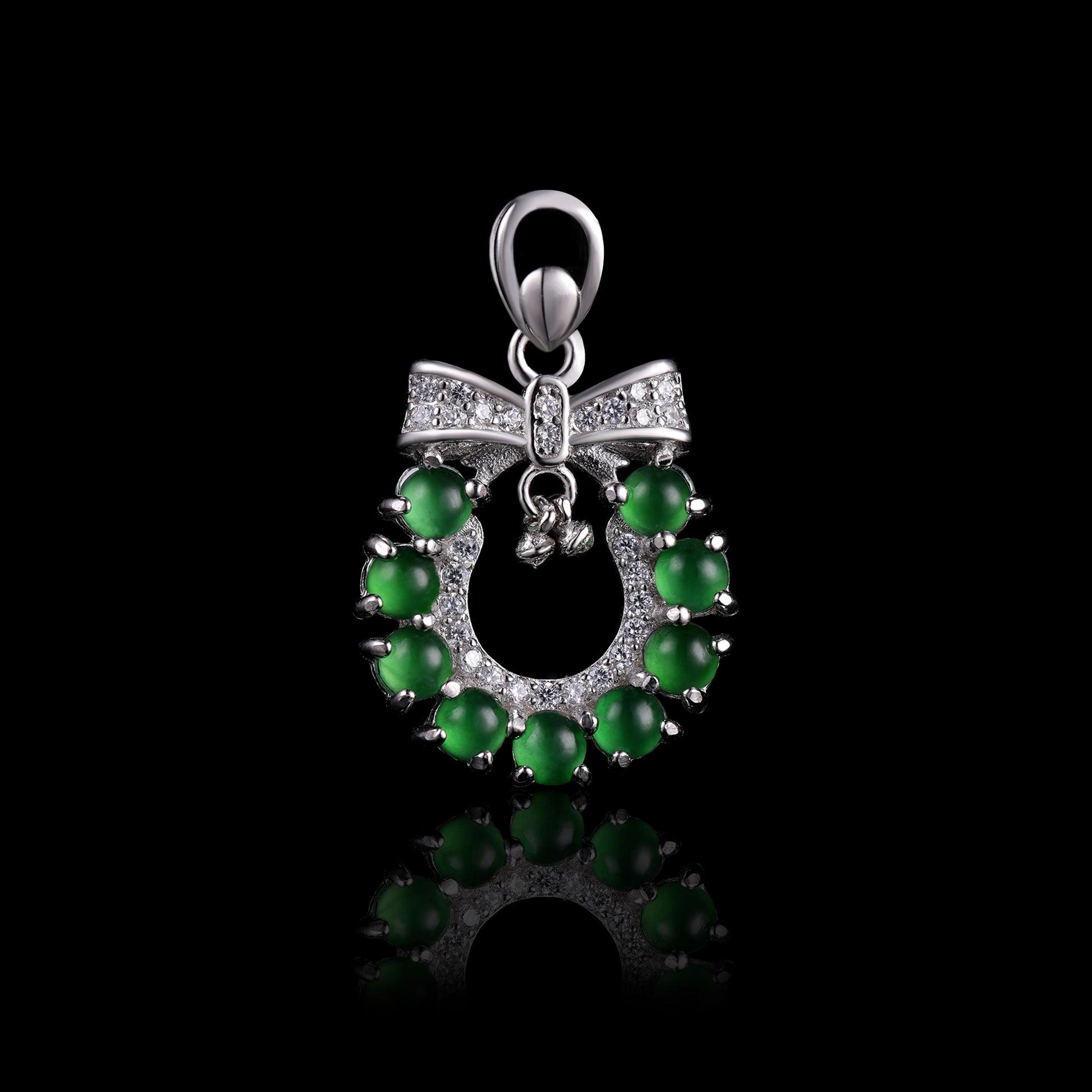 Natural Jadeite Wreath Pendant | 12-Bead Circle | Diamond Bow & Bell | S925 Silver - Grade A Natural Jade Jewelry