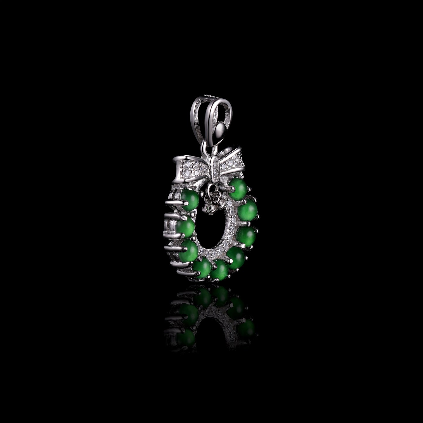 Natural Jadeite Wreath Pendant | 12-Bead Circle | Diamond Bow & Bell | S925 Silver - Grade A Natural Jade Jewelry