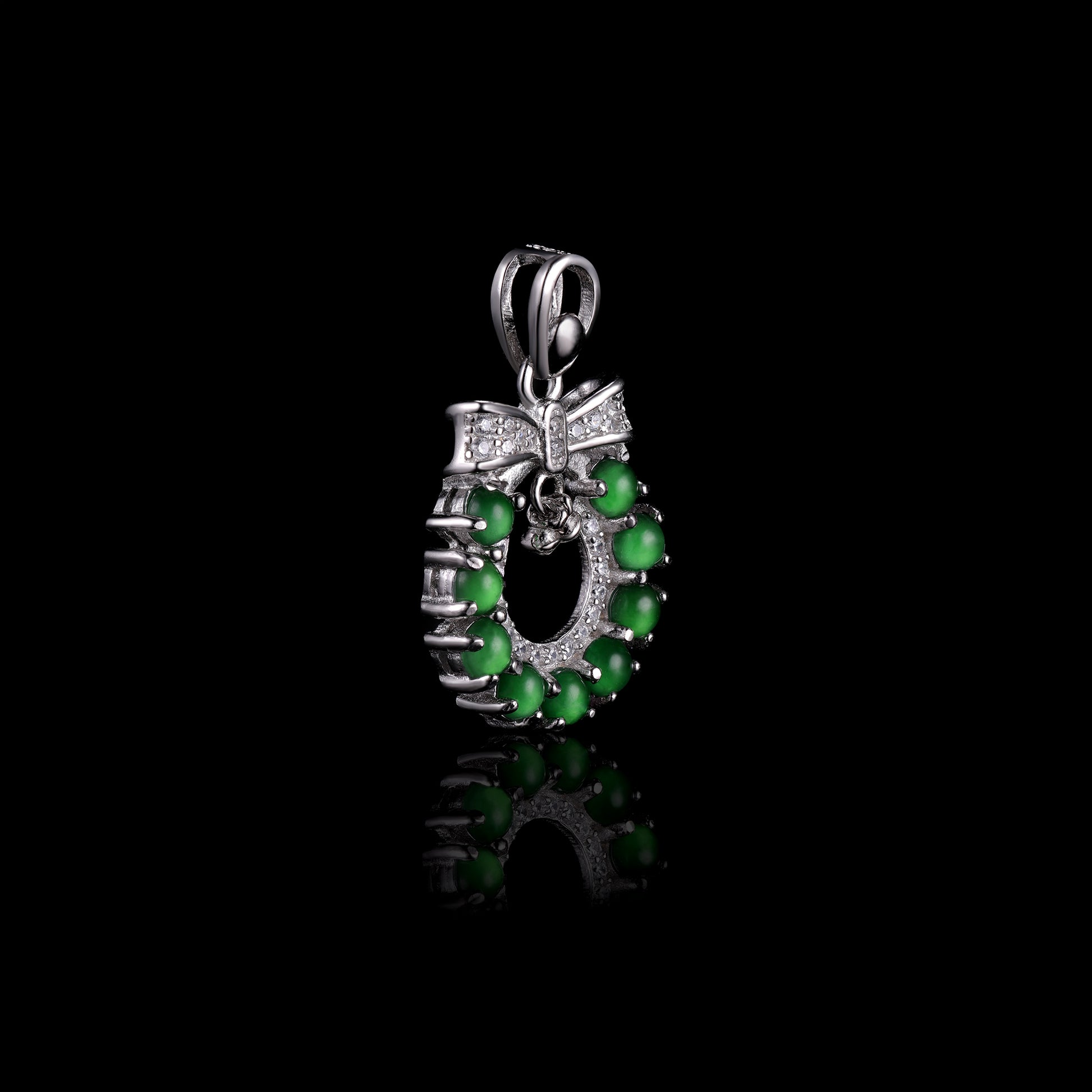 Natural Jadeite Wreath Pendant | 12-Bead Circle | Diamond Bow & Bell | S925 Silver - Grade A Natural Jade Jewelry
