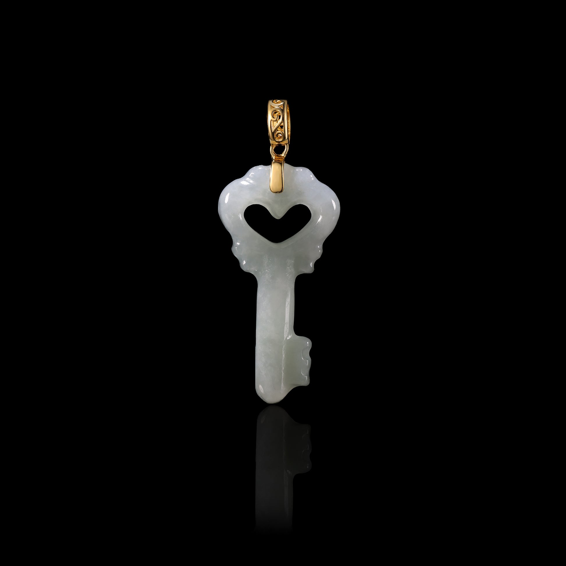 Natural Icy White Jadeite Heart Key Pendant | Cloud Relief Edge | 18K Gold Filigree Bail - Certified Grade A jade pendant from Jadelume