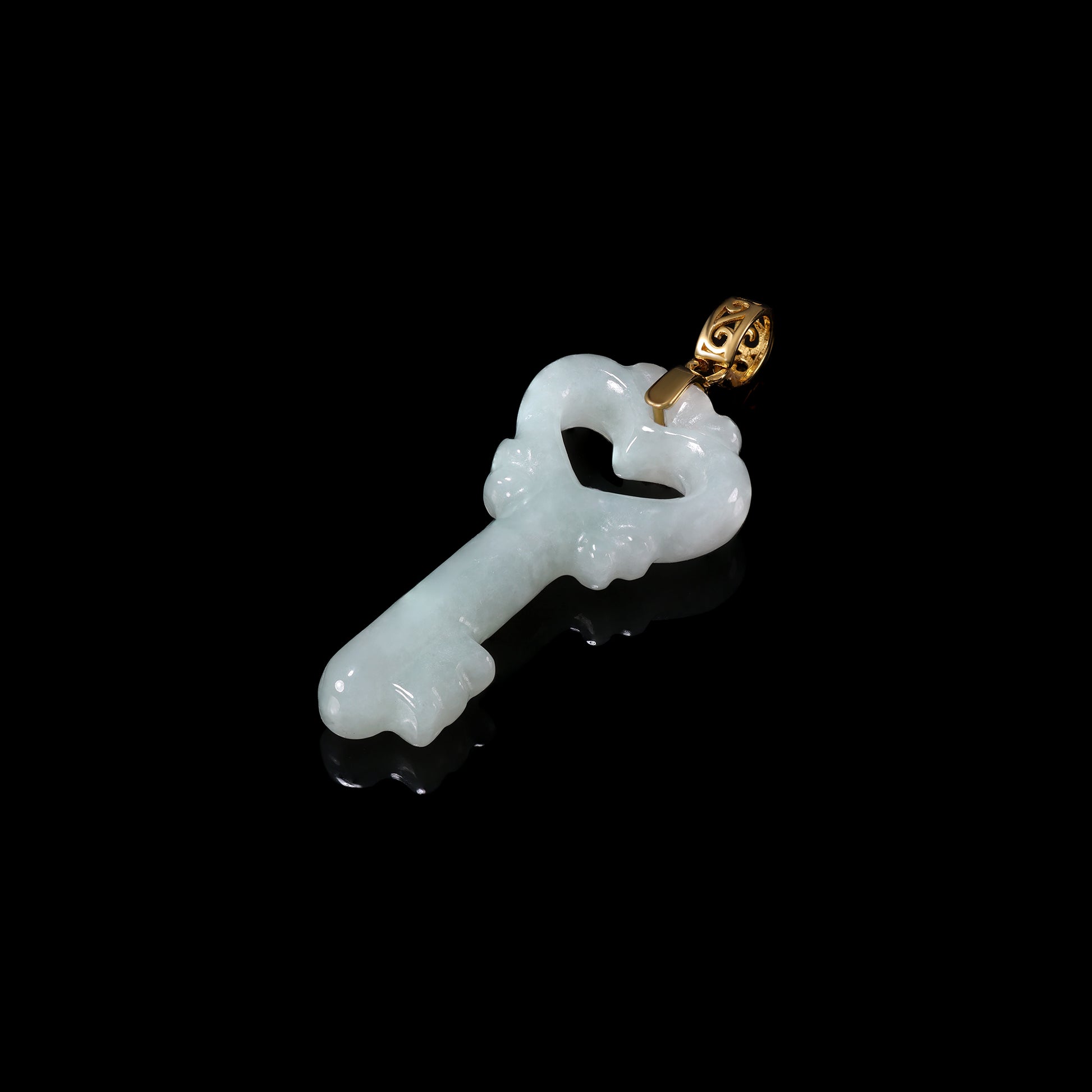 Natural Icy White Jadeite Heart Key Pendant | Cloud Relief Edge | 18K Gold Filigree Bail - Grade A Natural Jade Jewelry