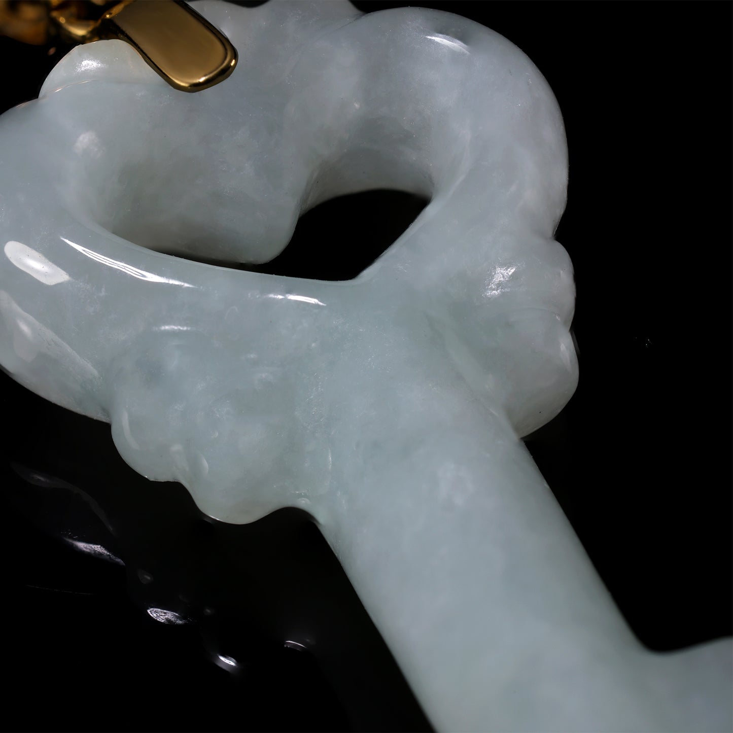 Natural Icy White Jadeite Heart Key Pendant | Cloud Relief Edge | 18K Gold Filigree Bail - Grade A Natural Jade Jewelry