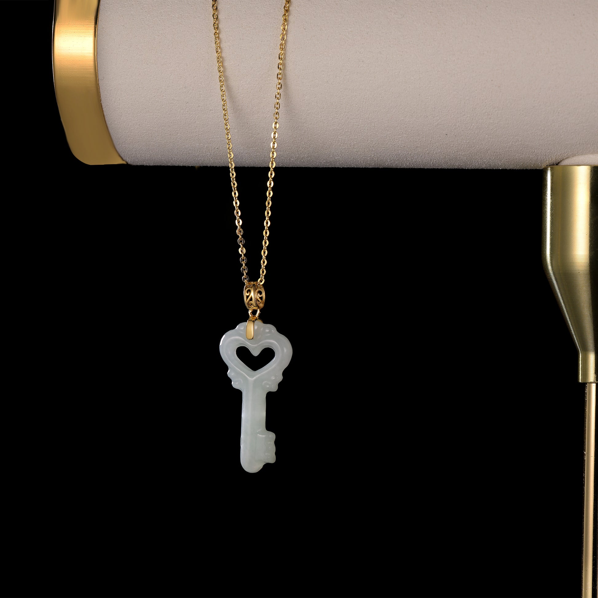 Natural Icy White Jadeite Heart Key Pendant | Cloud Relief Edge | 18K Gold Filigree Bail - Grade A Natural Jade Jewelry