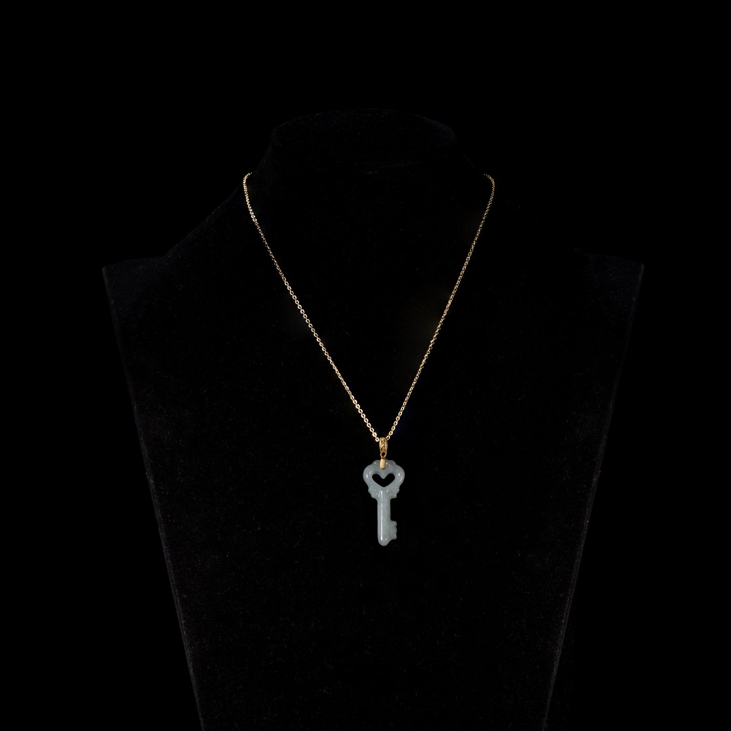 Natural Icy White Jadeite Heart Key Pendant | Cloud Relief Edge | 18K Gold Filigree Bail - Grade A Natural Jade Jewelry