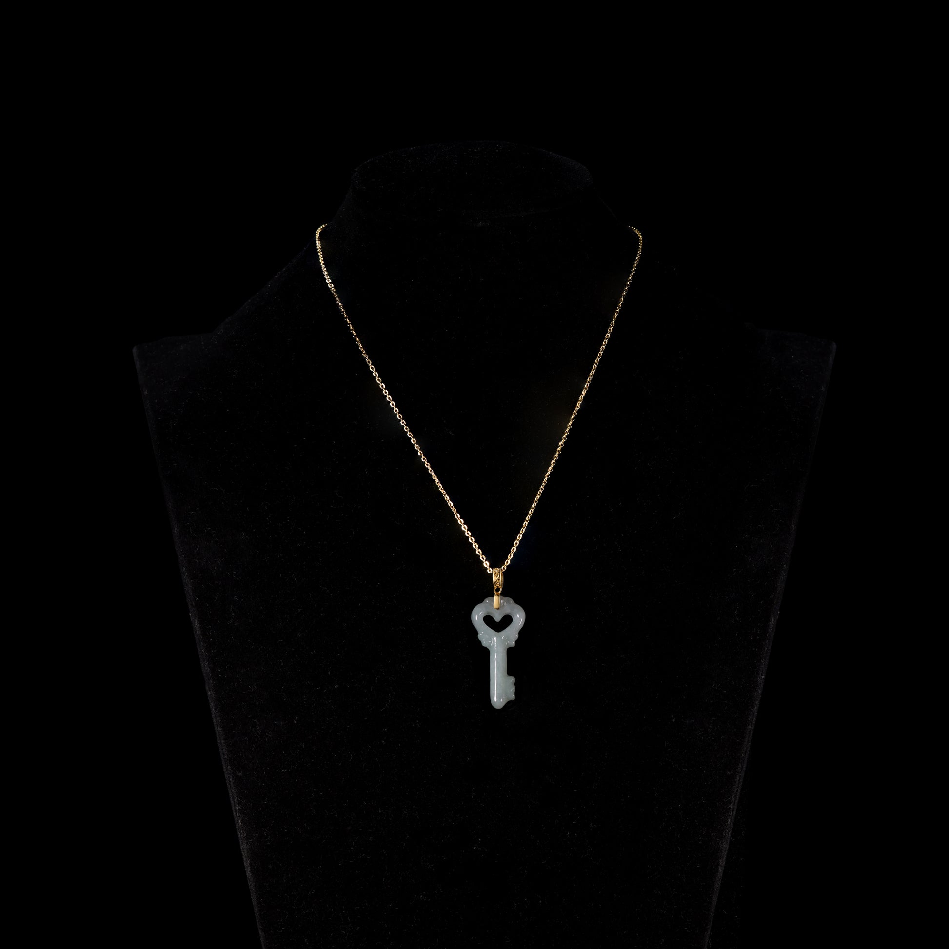 Natural Icy White Jadeite Heart Key Pendant | Cloud Relief Edge | 18K Gold Filigree Bail - Grade A Natural Jade Jewelry