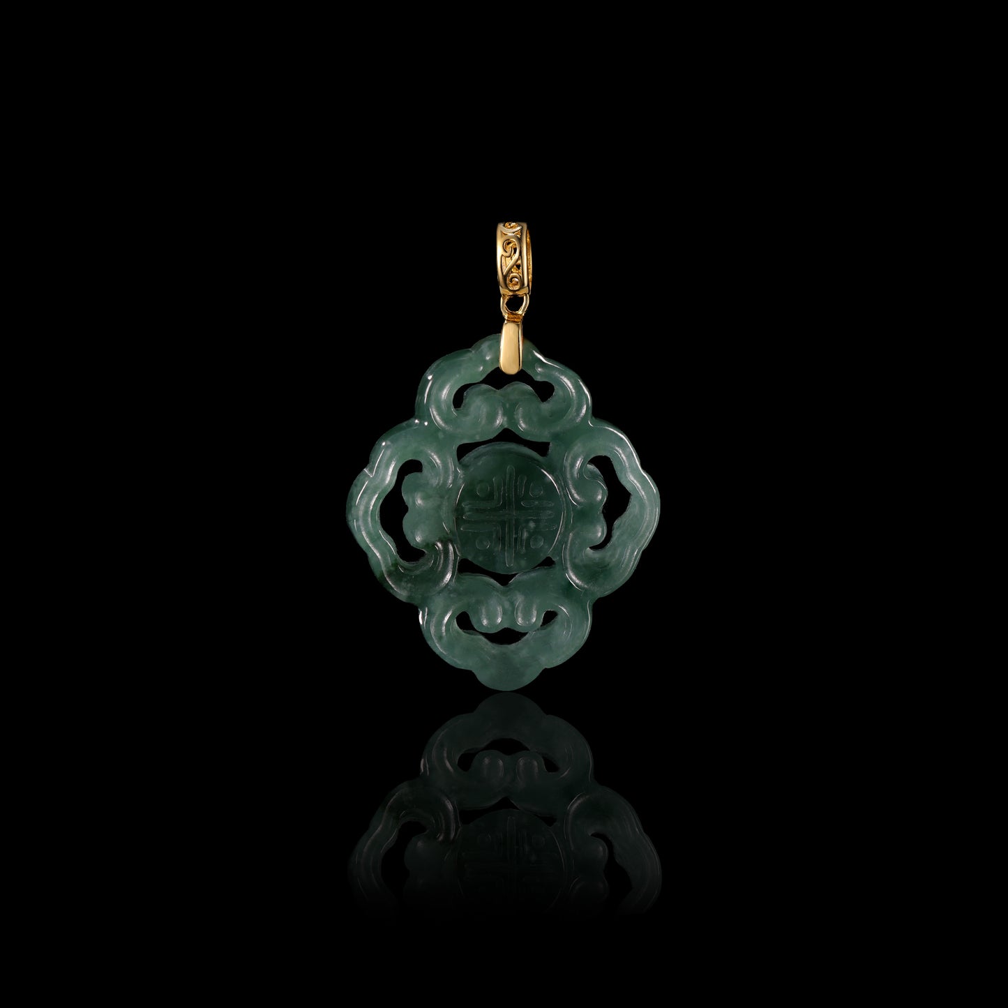 Natural Dark Green Jadeite Ruyi Cloud Scroll Pendant | Shou Longevity Seal | 18K Gold Filigree Bail - Certified Grade A jade pendant from Jadelume