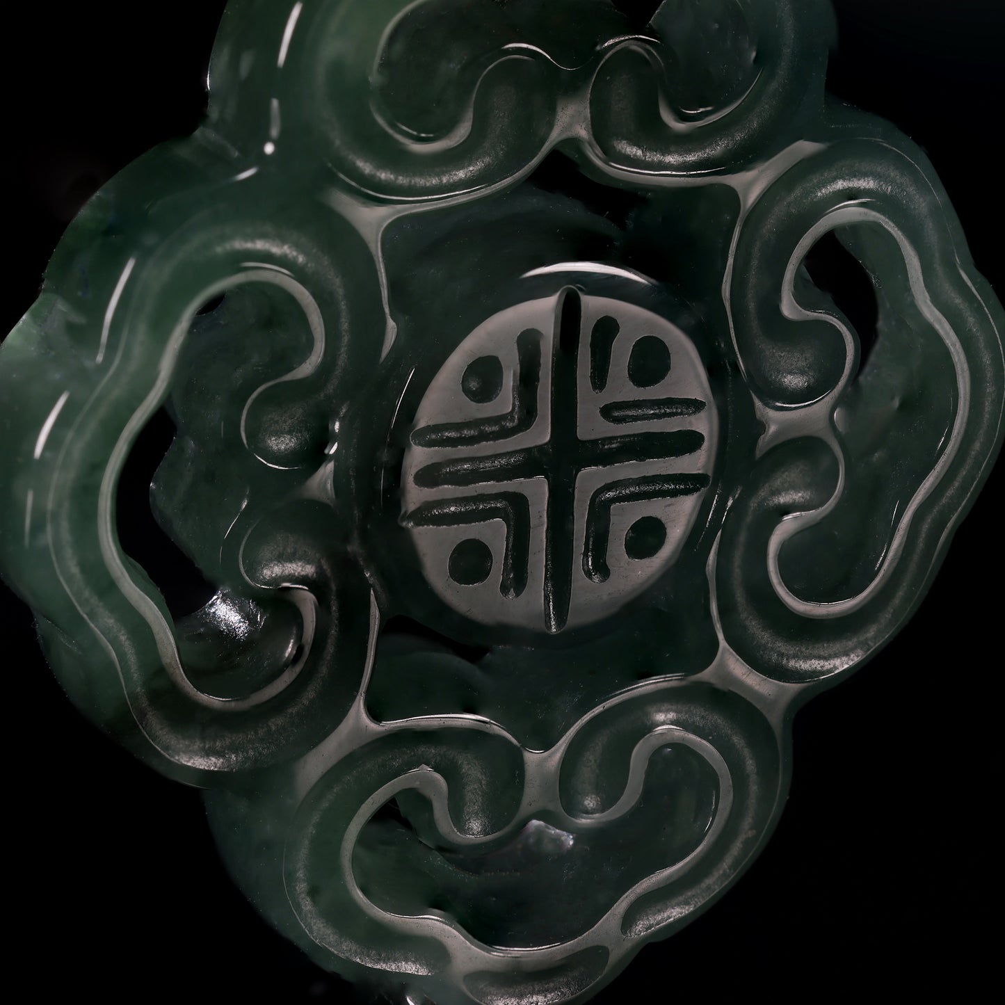 Natural Dark Green Jadeite Ruyi Cloud Scroll Pendant | Shou Longevity Seal | 18K Gold Filigree Bail - Grade A Natural Jade Jewelry