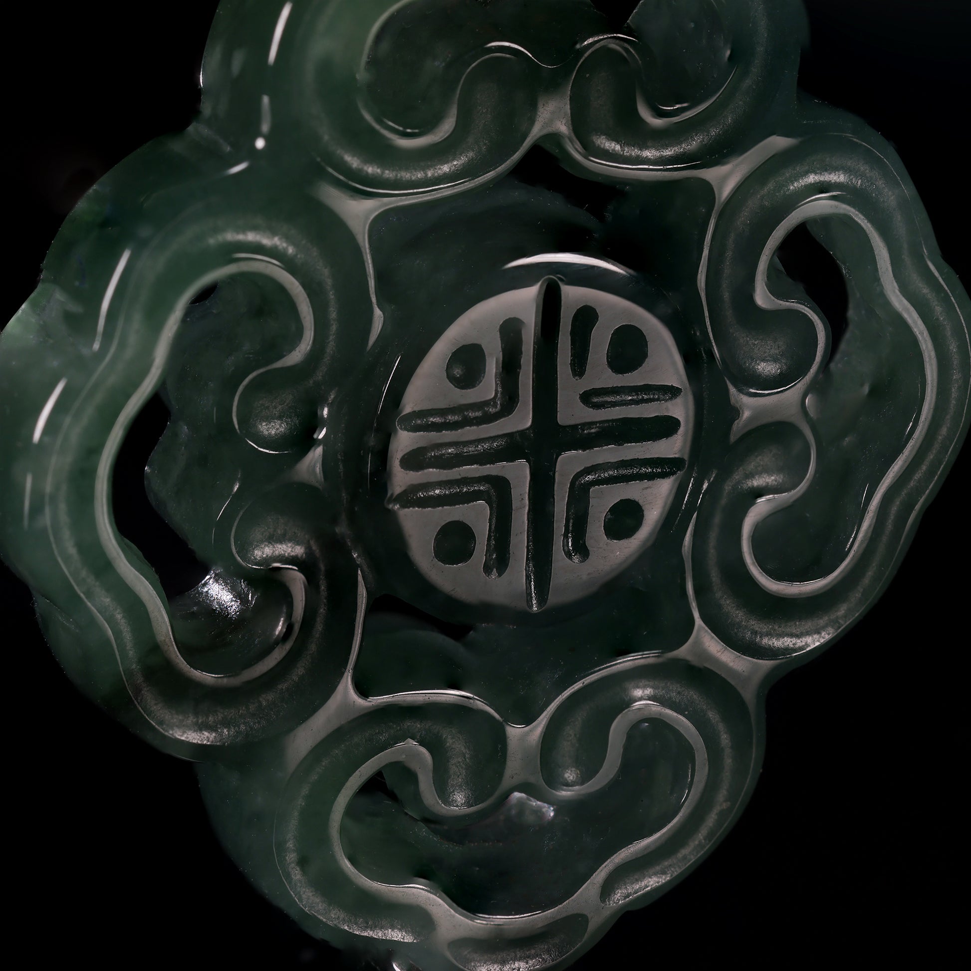 Natural Dark Green Jadeite Ruyi Cloud Scroll Pendant | Shou Longevity Seal | 18K Gold Filigree Bail - Grade A Natural Jade Jewelry
