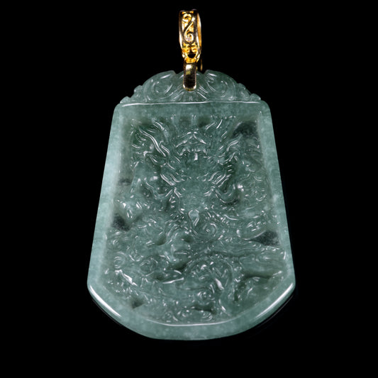Natural Jadeite Dragon Plaque Pendant | Gold Bail | 天然翡翠龙牌镶金吊坠 - Certified Grade A jade pendant from Jadelume