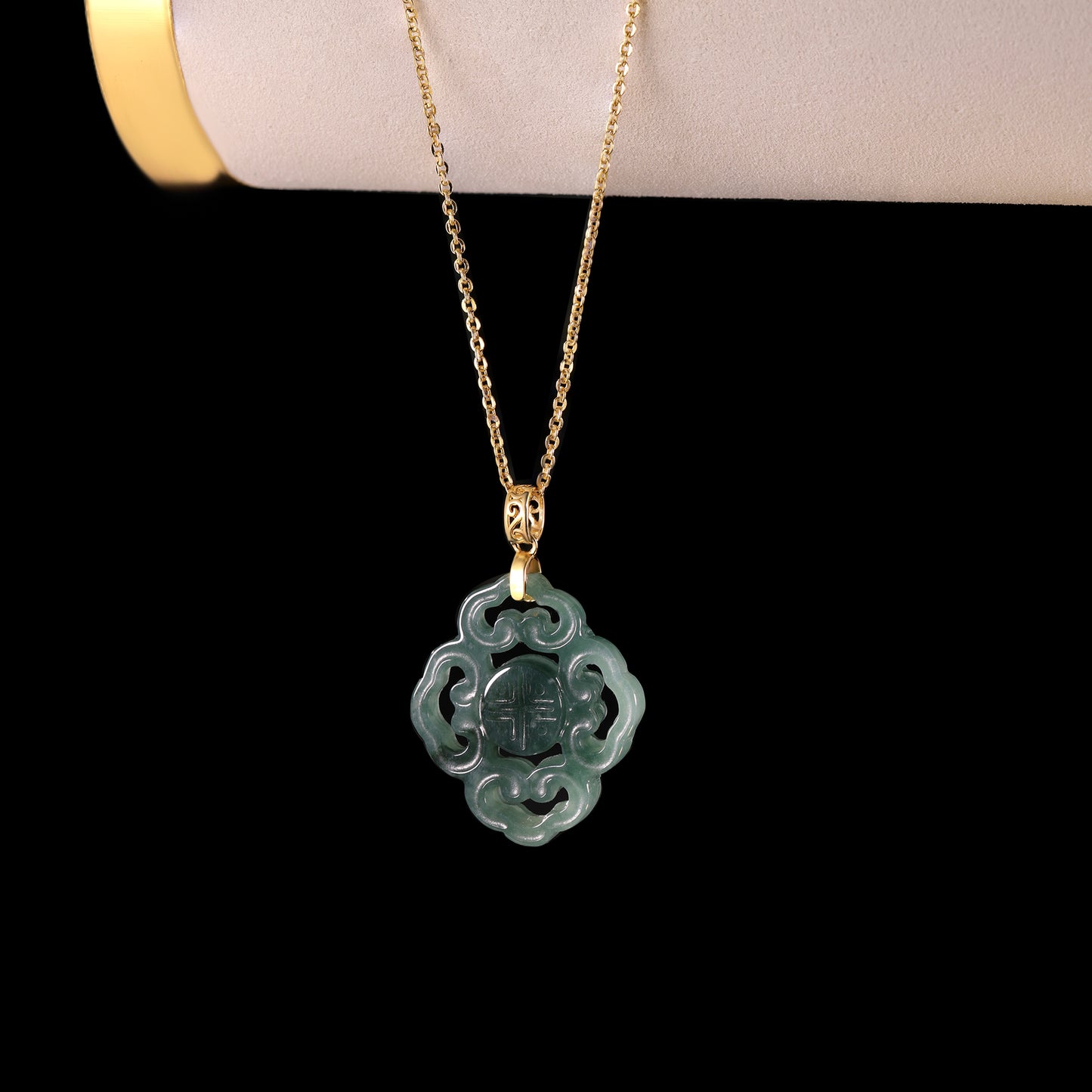 Natural Dark Green Jadeite Ruyi Cloud Scroll Pendant | Shou Longevity Seal | 18K Gold Filigree Bail - Grade A Natural Jade Jewelry