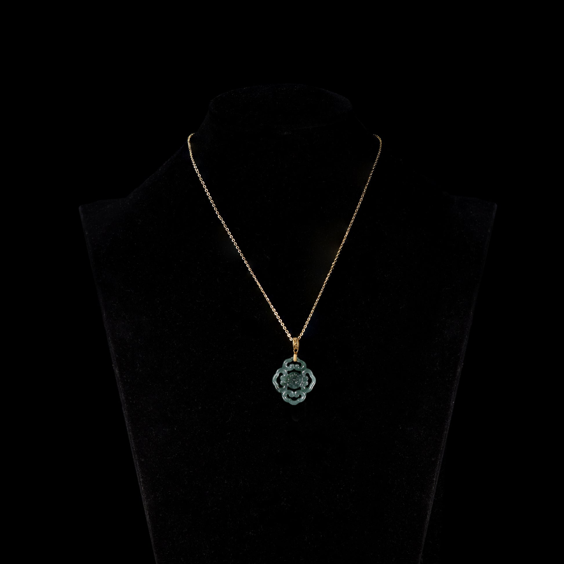 Natural Dark Green Jadeite Ruyi Cloud Scroll Pendant | Shou Longevity Seal | 18K Gold Filigree Bail - Grade A Natural Jade Jewelry