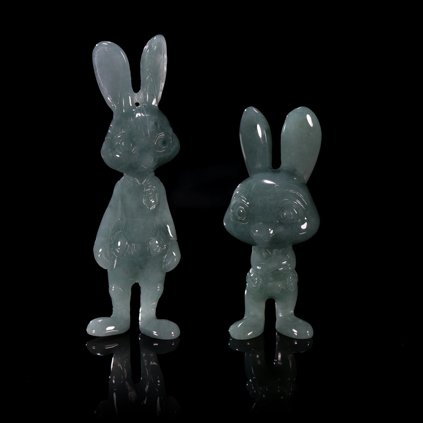 Natural Icy Grey-Blue Jadeite Jade Bunny Figurine Pendant | Full 3D Cartoon Rabbit Carving | Collectible Pair - Certified Grade A jade pendant from Jadelume