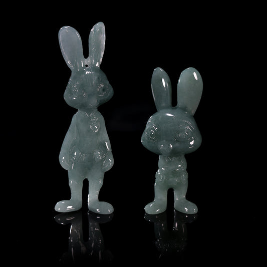 Natural Icy Grey-Blue Jadeite Jade Bunny Figurine Pendant | Full 3D Cartoon Rabbit Carving | Collectible Pair - Certified Grade A jade pendant from Jadelume