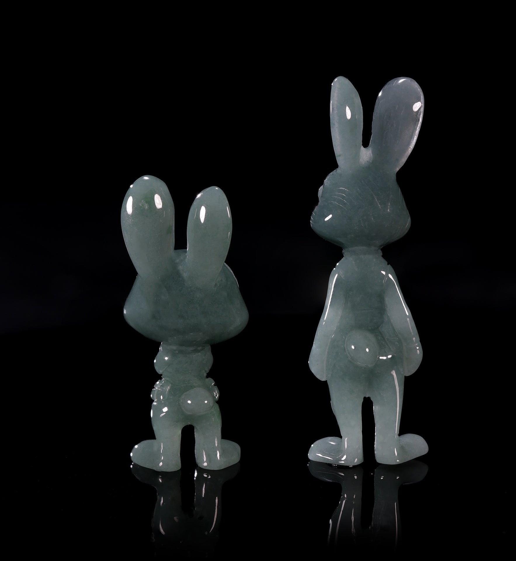 Natural Icy Grey-Blue Jadeite Jade Bunny Figurine Pendant | Full 3D Cartoon Rabbit Carving | Collectible Pair - Grade A Natural Jade Jewelry
