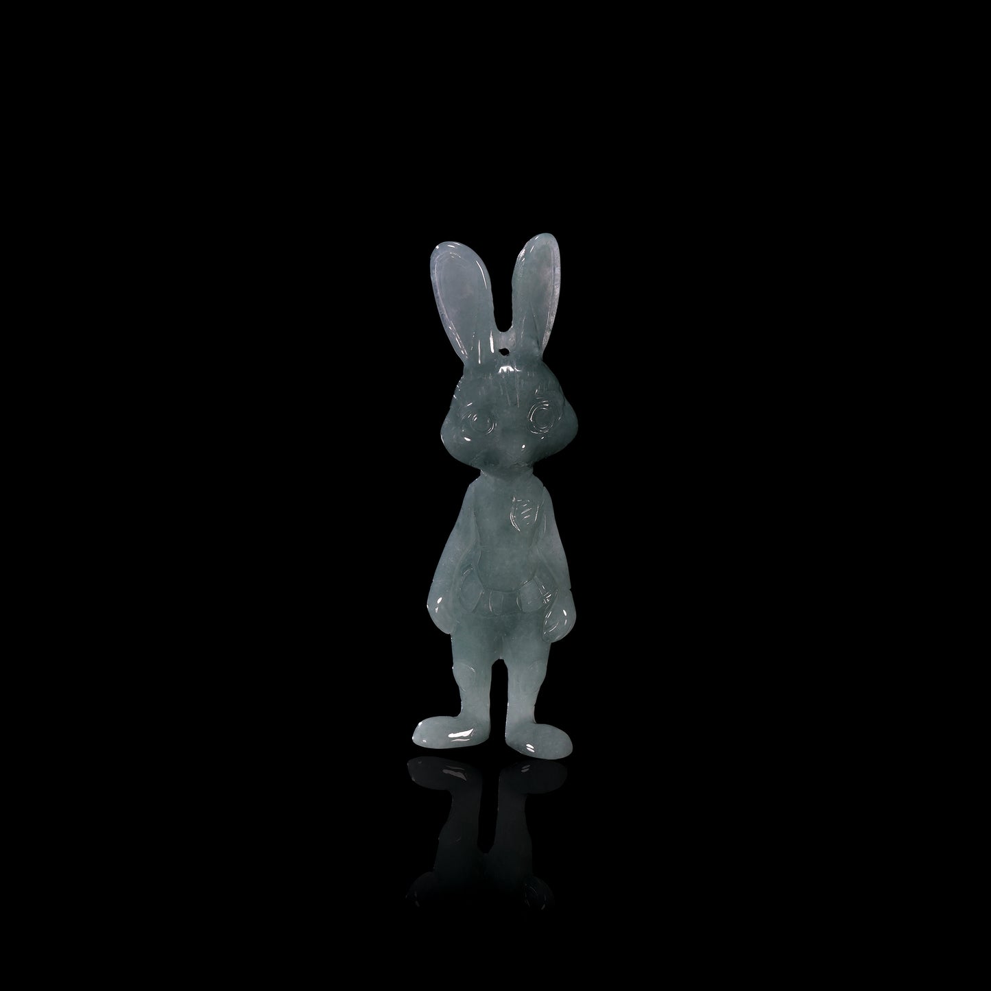 Natural Icy Grey-Blue Jadeite Jade Bunny Figurine Pendant | Full 3D Cartoon Rabbit Carving | Collectible Pair - Grade A Natural Jade Jewelry