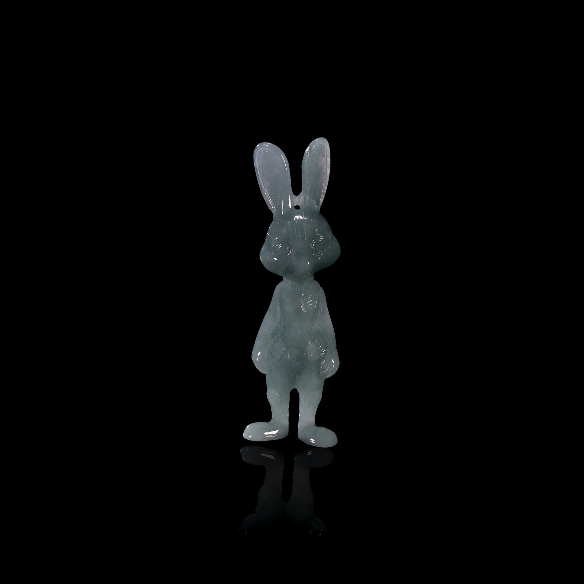 Natural Icy Grey-Blue Jadeite Jade Bunny Figurine Pendant | Full 3D Cartoon Rabbit Carving | Collectible Pair - Grade A Natural Jade Jewelry