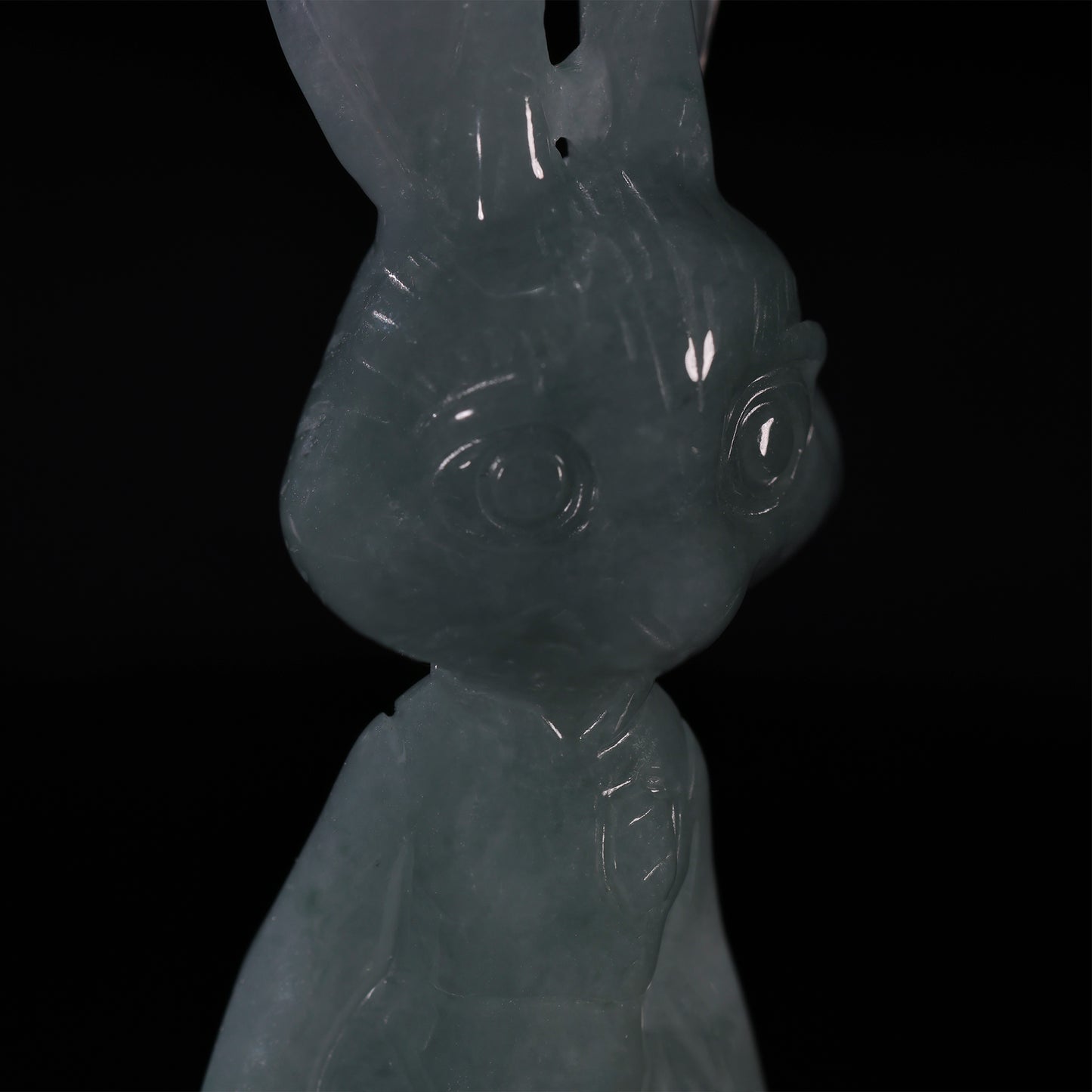 Natural Icy Grey-Blue Jadeite Jade Bunny Figurine Pendant | Full 3D Cartoon Rabbit Carving | Collectible Pair - Grade A Natural Jade Jewelry