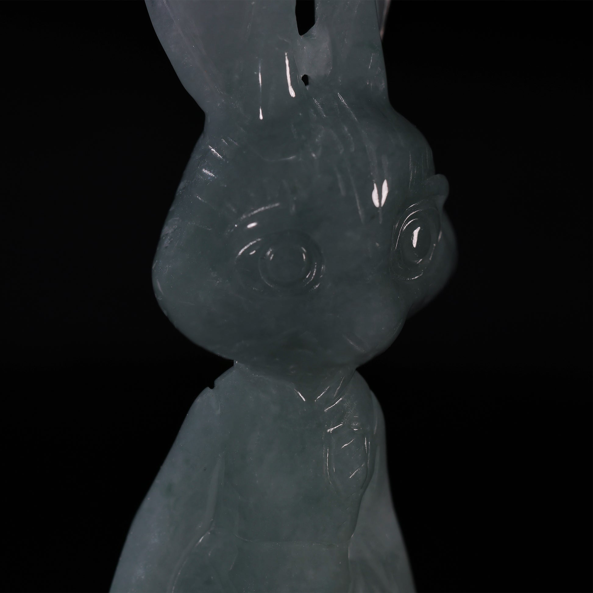 Natural Icy Grey-Blue Jadeite Jade Bunny Figurine Pendant | Full 3D Cartoon Rabbit Carving | Collectible Pair - Grade A Natural Jade Jewelry