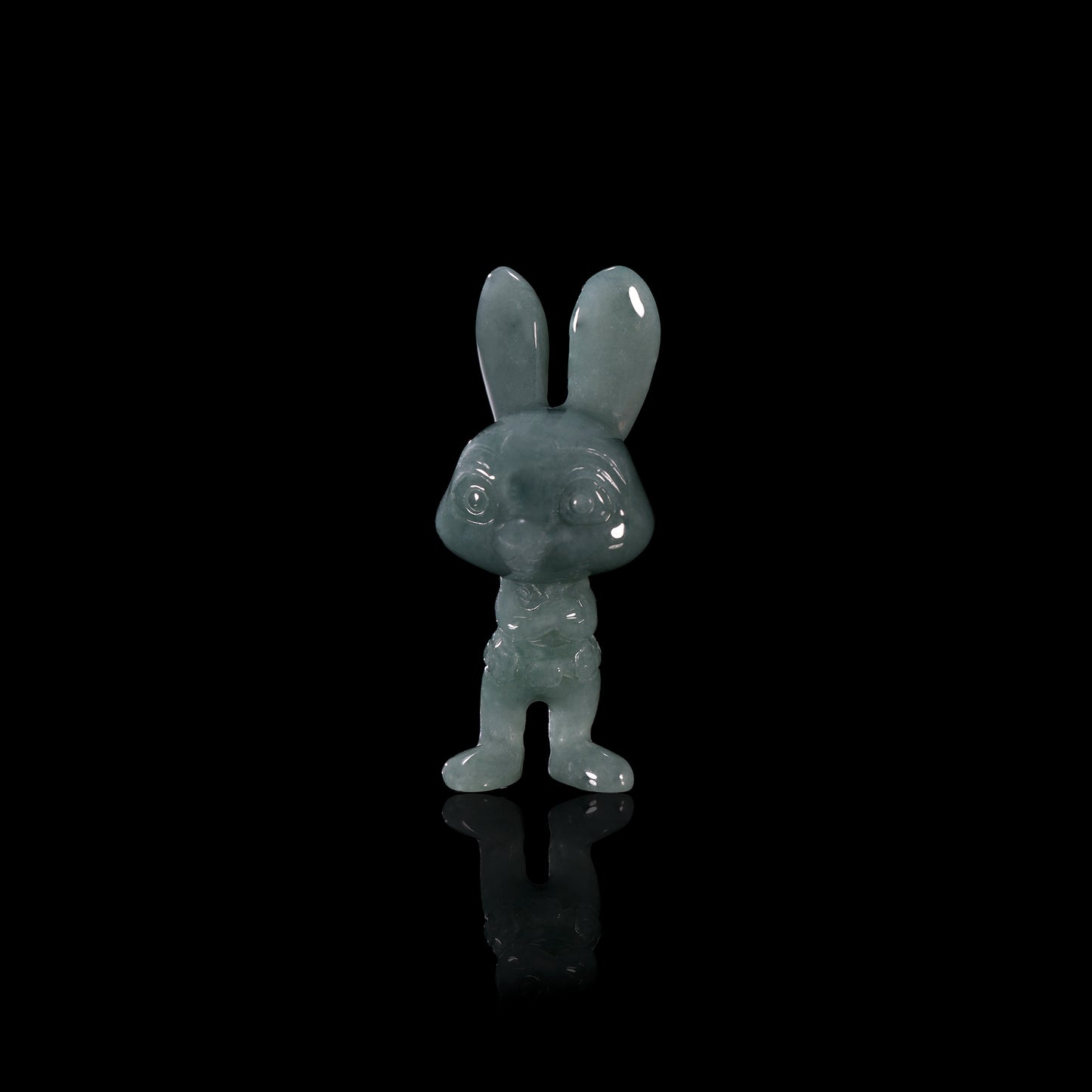 Natural Icy Grey-Blue Jadeite Jade Bunny Figurine Pendant | Full 3D Cartoon Rabbit Carving | Collectible Pair - Grade A Natural Jade Jewelry