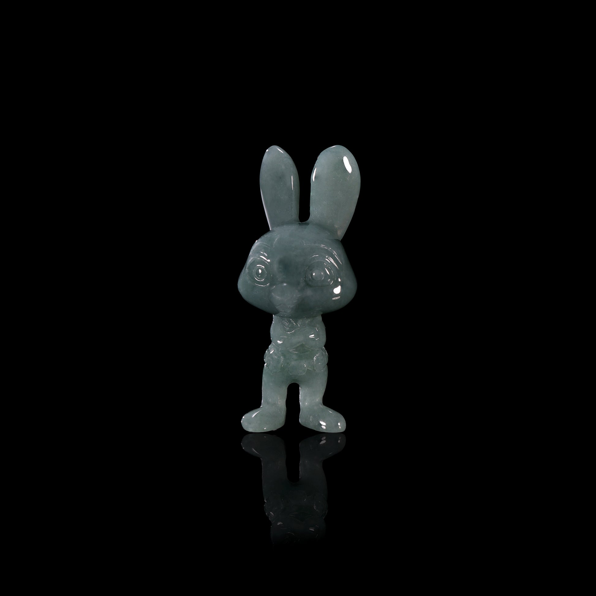 Natural Icy Grey-Blue Jadeite Jade Bunny Figurine Pendant | Full 3D Cartoon Rabbit Carving | Collectible Pair - Grade A Natural Jade Jewelry