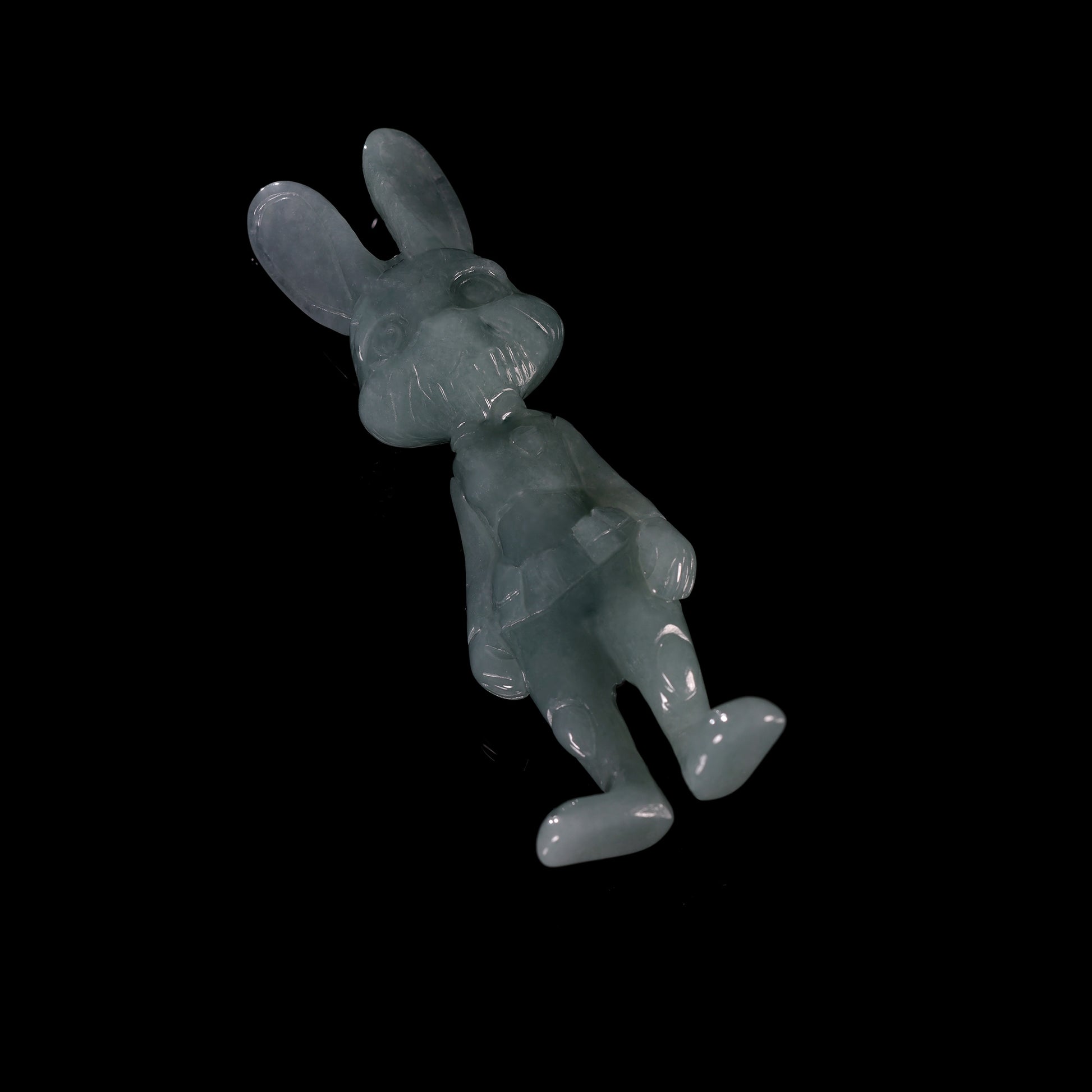 Natural Icy Grey-Blue Jadeite Jade Bunny Figurine Pendant | Full 3D Cartoon Rabbit Carving | Collectible Pair - Grade A Natural Jade Jewelry