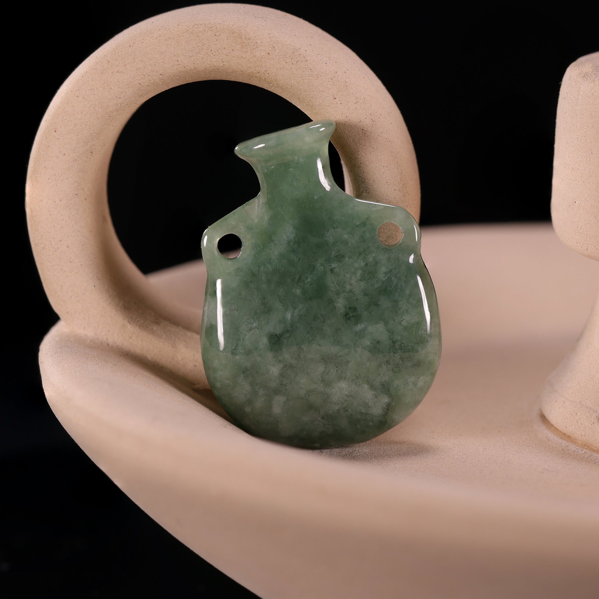 Natural Green Jadeite Miniature Vase Pendant | Full 3D Double-Lug Amphora | Mottled Green - Grade A Natural Jade Jewelry