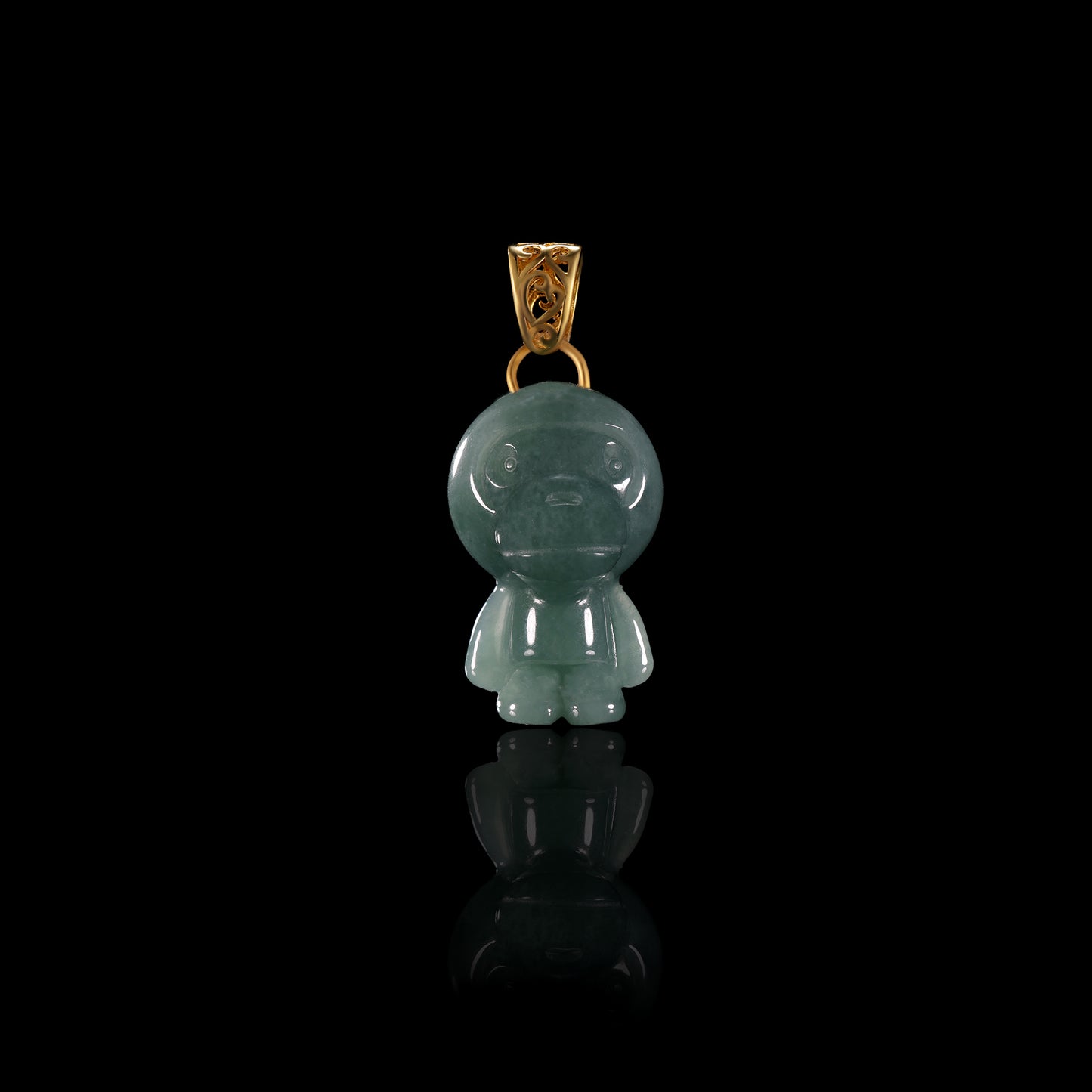 Natural Icy Grey-Blue Jadeite Cartoon Monkey Figurine Pendant | Full 3D Standing | 18K Gold Filigree Basket Bail - Certified Grade A jade pendant from Jadelume