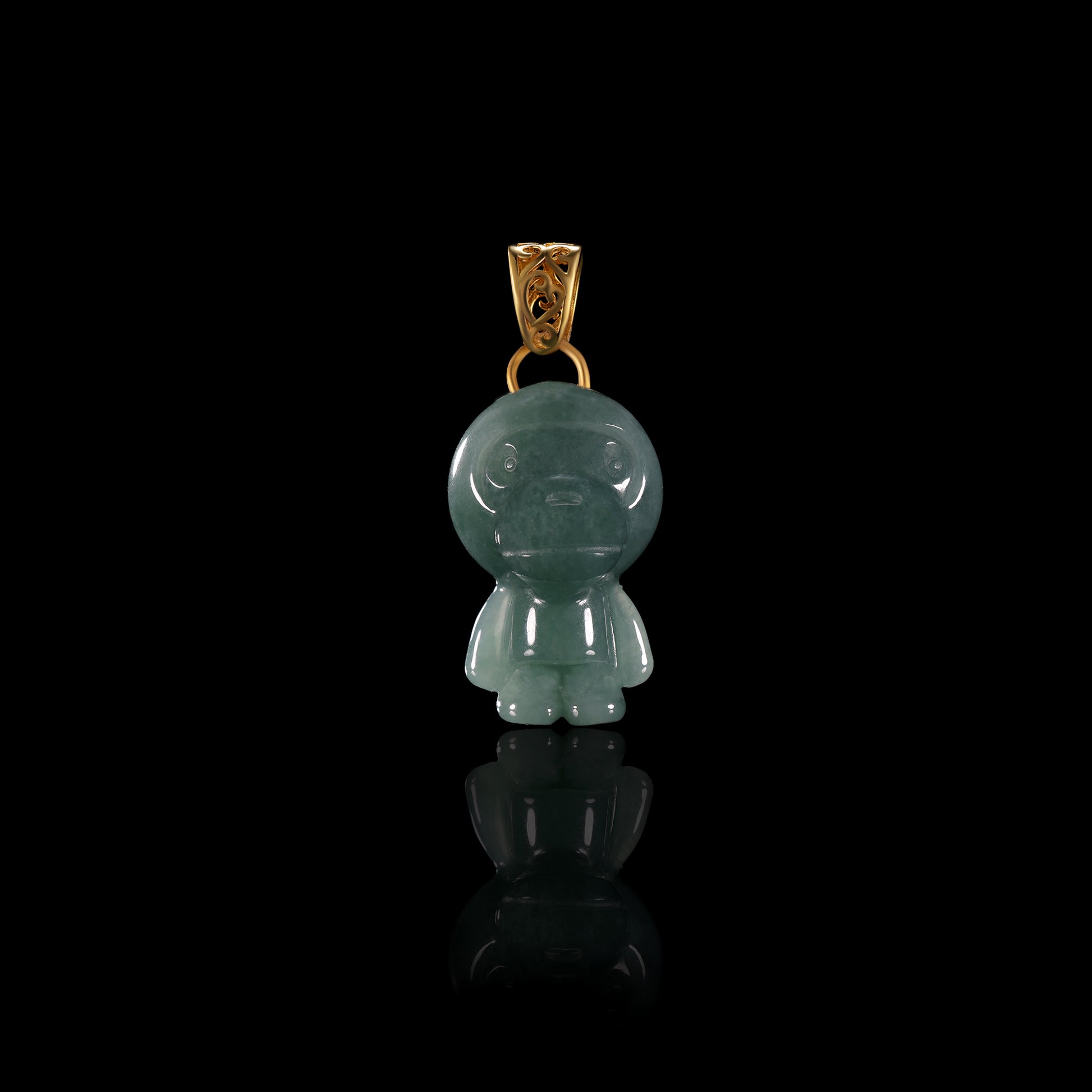 Natural Icy Grey-Blue Jadeite Cartoon Monkey Figurine Pendant | Full 3D Standing | 18K Gold Filigree Basket Bail - Certified Grade A jade pendant from Jadelume