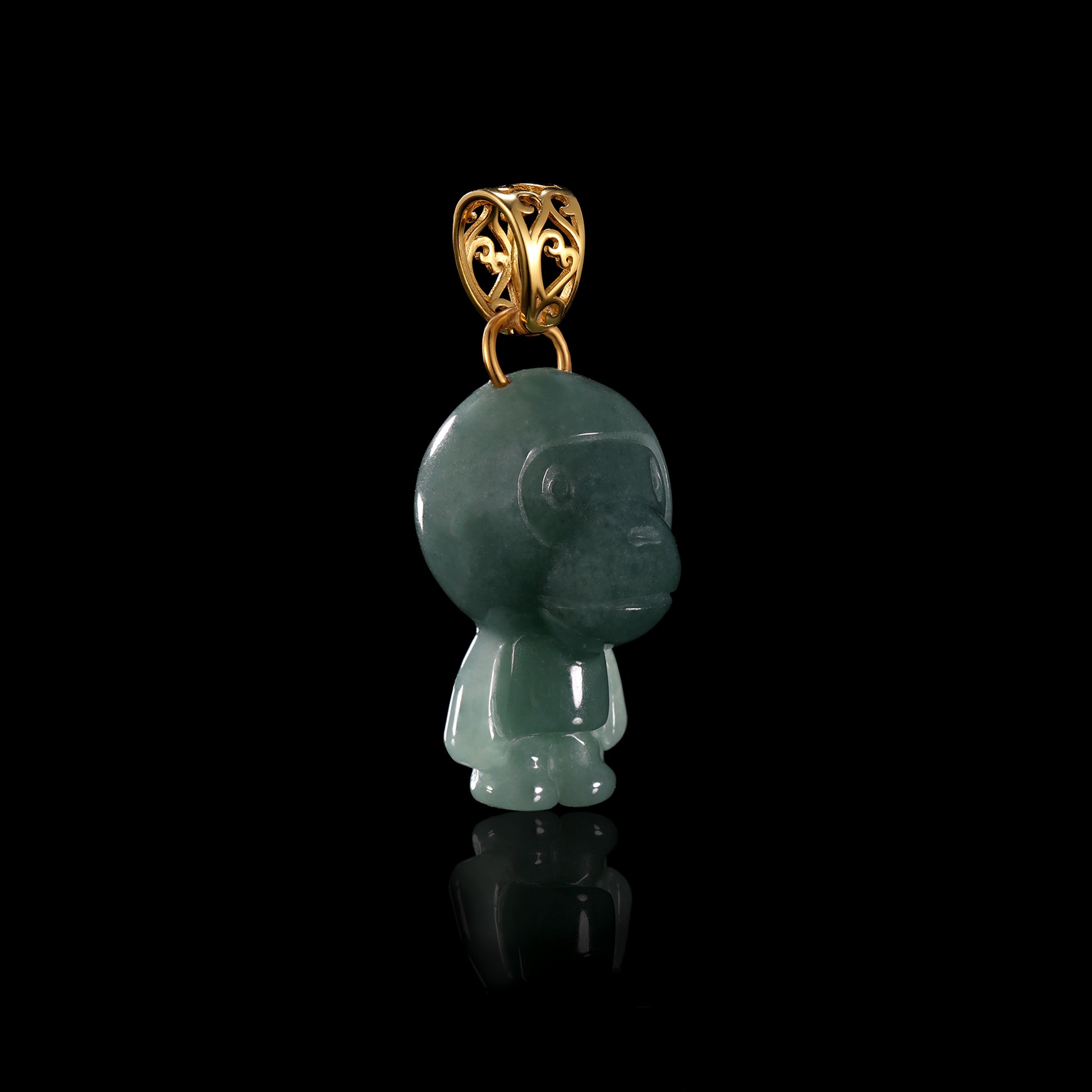 Natural Icy Grey-Blue Jadeite Cartoon Monkey Figurine Pendant | Full 3D Standing | 18K Gold Filigree Basket Bail - Grade A Natural Jade Jewelry