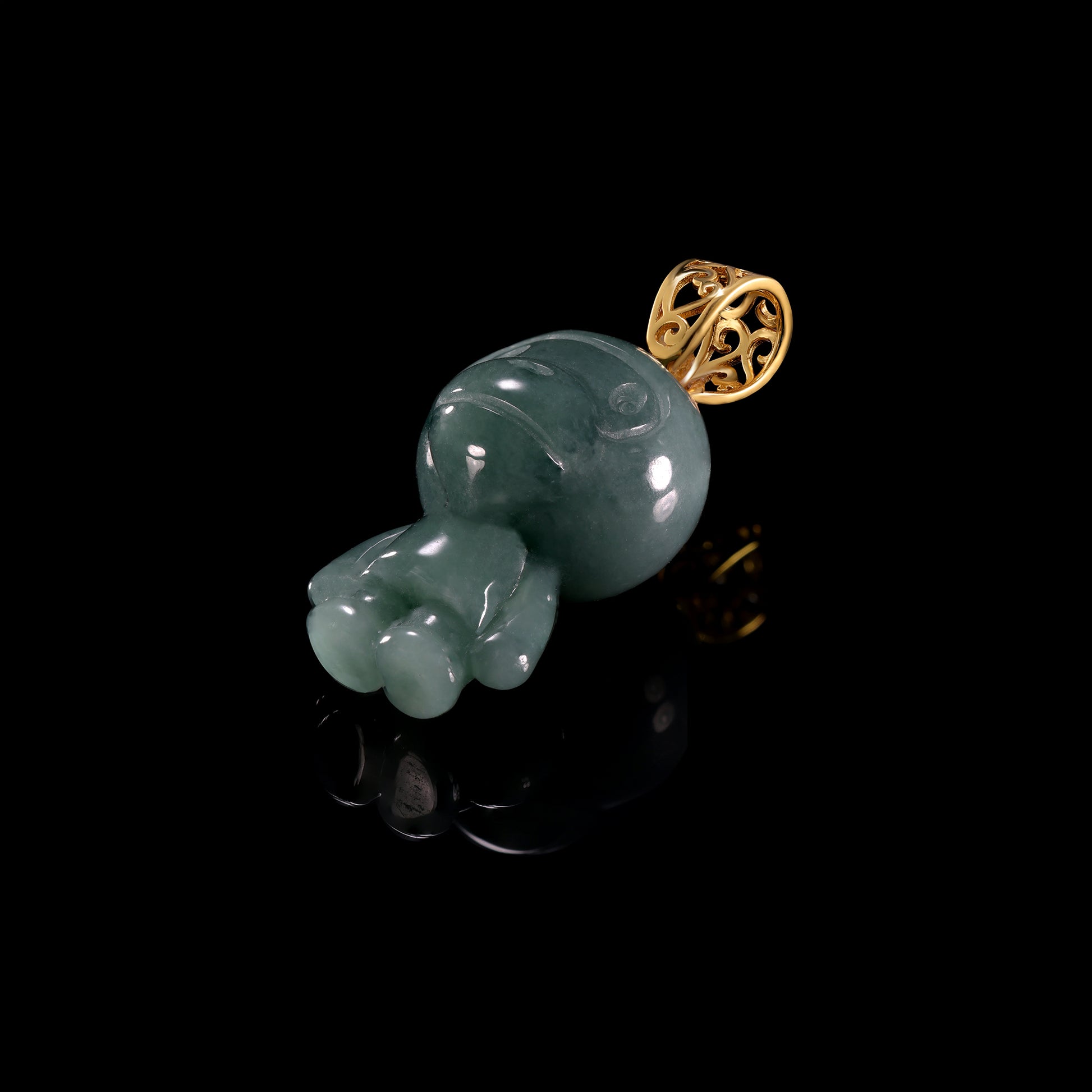 Natural Icy Grey-Blue Jadeite Cartoon Monkey Figurine Pendant | Full 3D Standing | 18K Gold Filigree Basket Bail - Grade A Natural Jade Jewelry