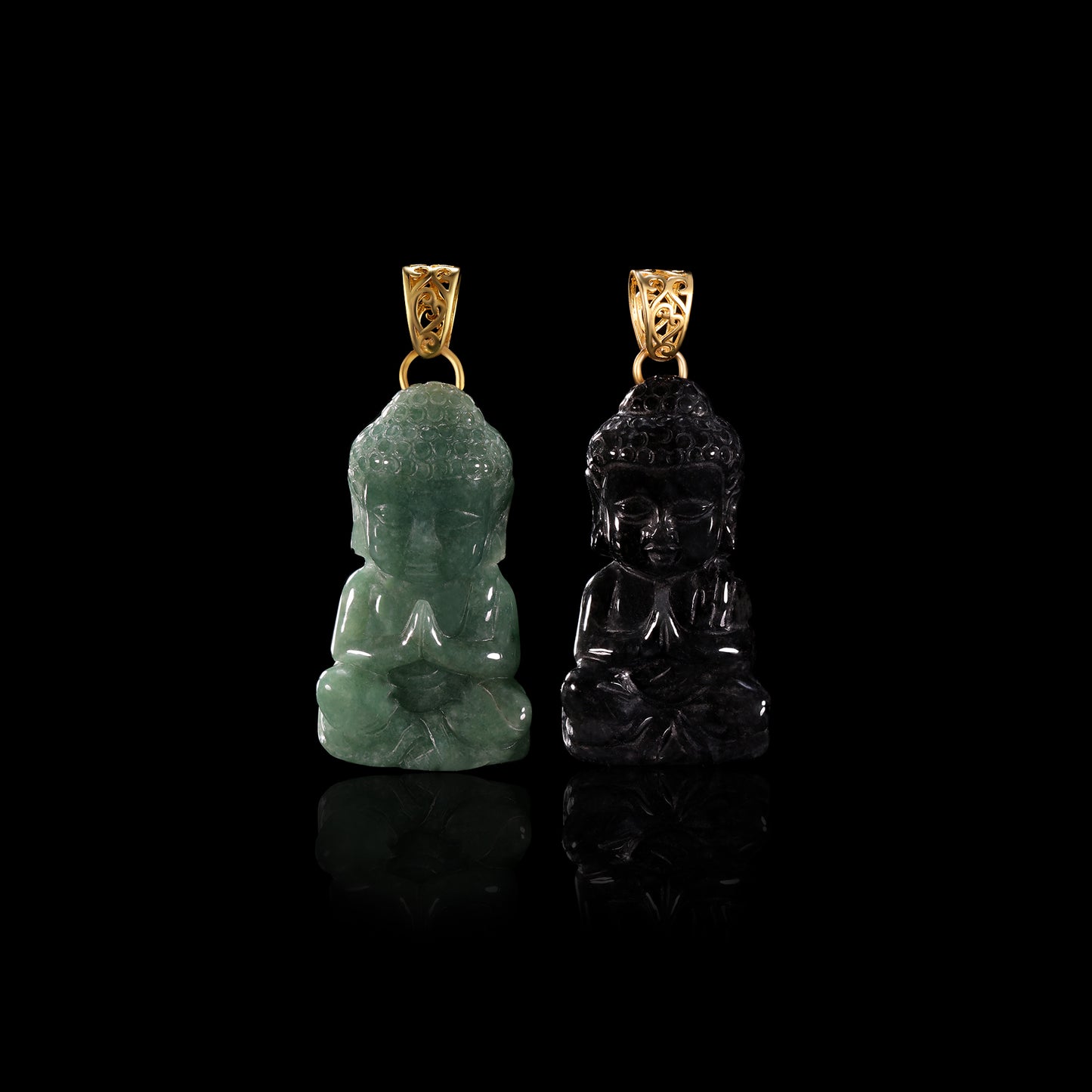 Natural Jadeite Seated Buddha Pendant | Full 3D Praying Shakyamuni | 18K Gold Filigree Bail - Grade A Natural Jade Jewelry