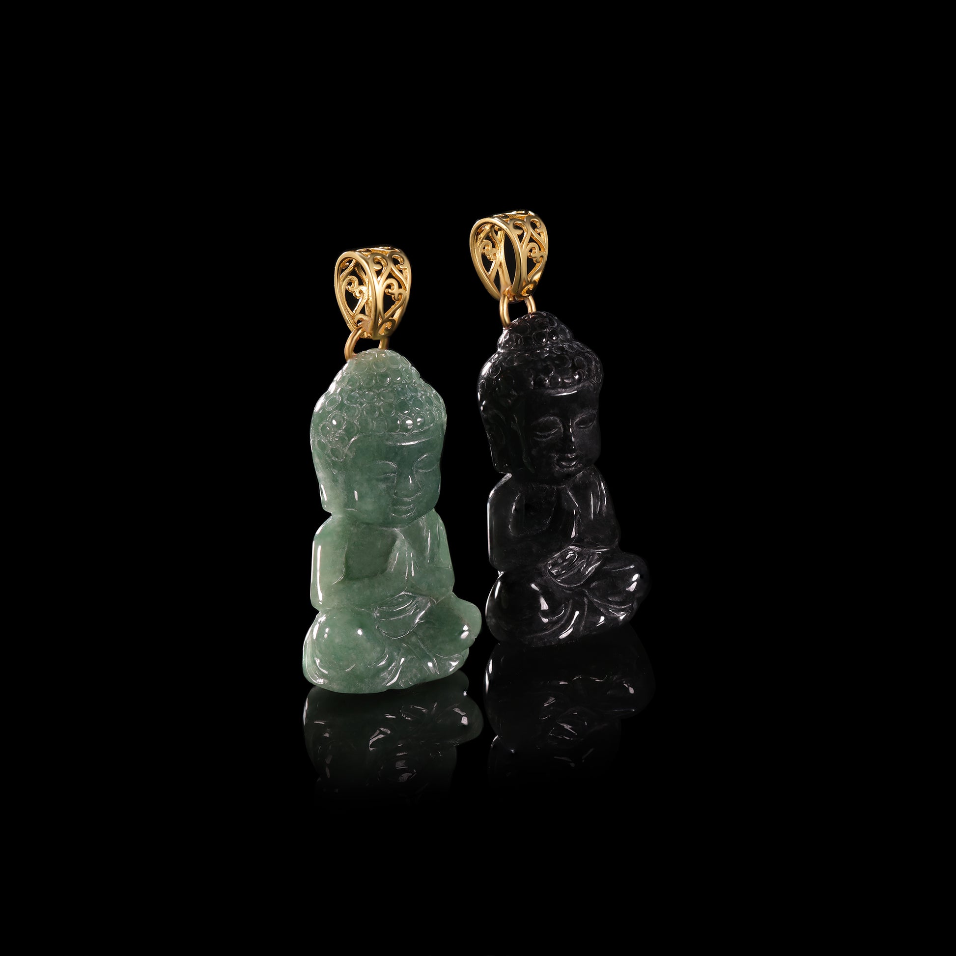 Natural Jadeite Seated Buddha Pendant | Full 3D Praying Shakyamuni | 18K Gold Filigree Bail - Grade A Natural Jade Jewelry