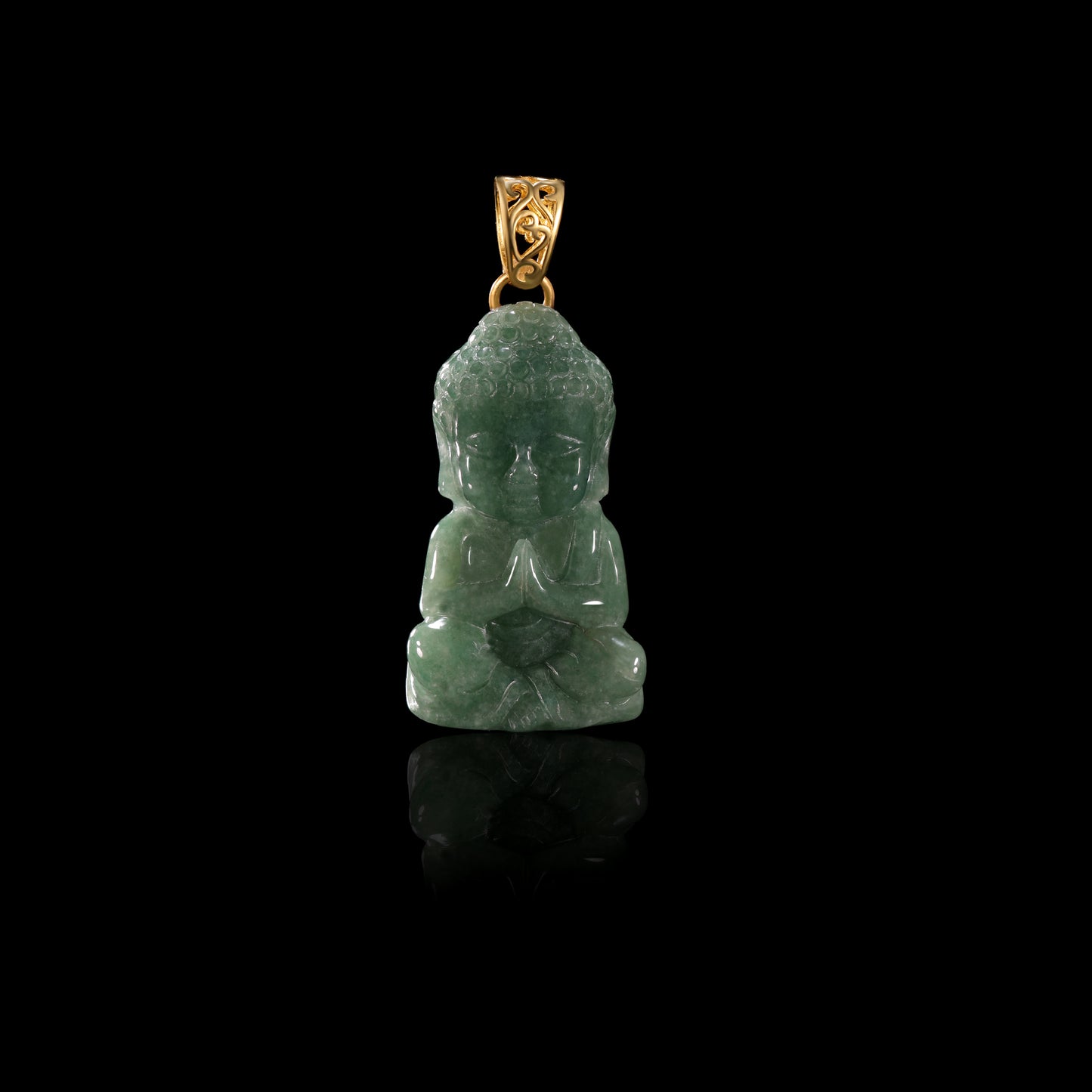 Natural Jadeite Seated Buddha Pendant | Full 3D Praying Shakyamuni | 18K Gold Filigree Bail - Certified Grade A jade pendant from Jadelume