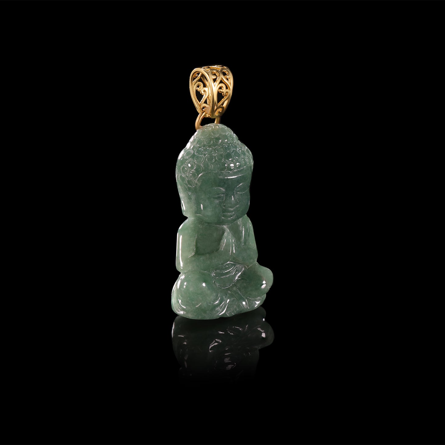 Natural Jadeite Seated Buddha Pendant | Full 3D Praying Shakyamuni | 18K Gold Filigree Bail - Grade A Natural Jade Jewelry
