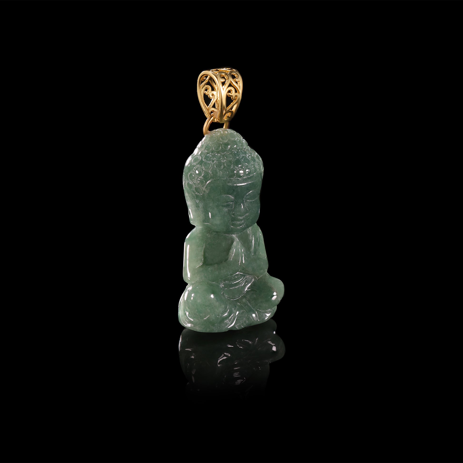 Natural Jadeite Seated Buddha Pendant | Full 3D Praying Shakyamuni | 18K Gold Filigree Bail - Grade A Natural Jade Jewelry