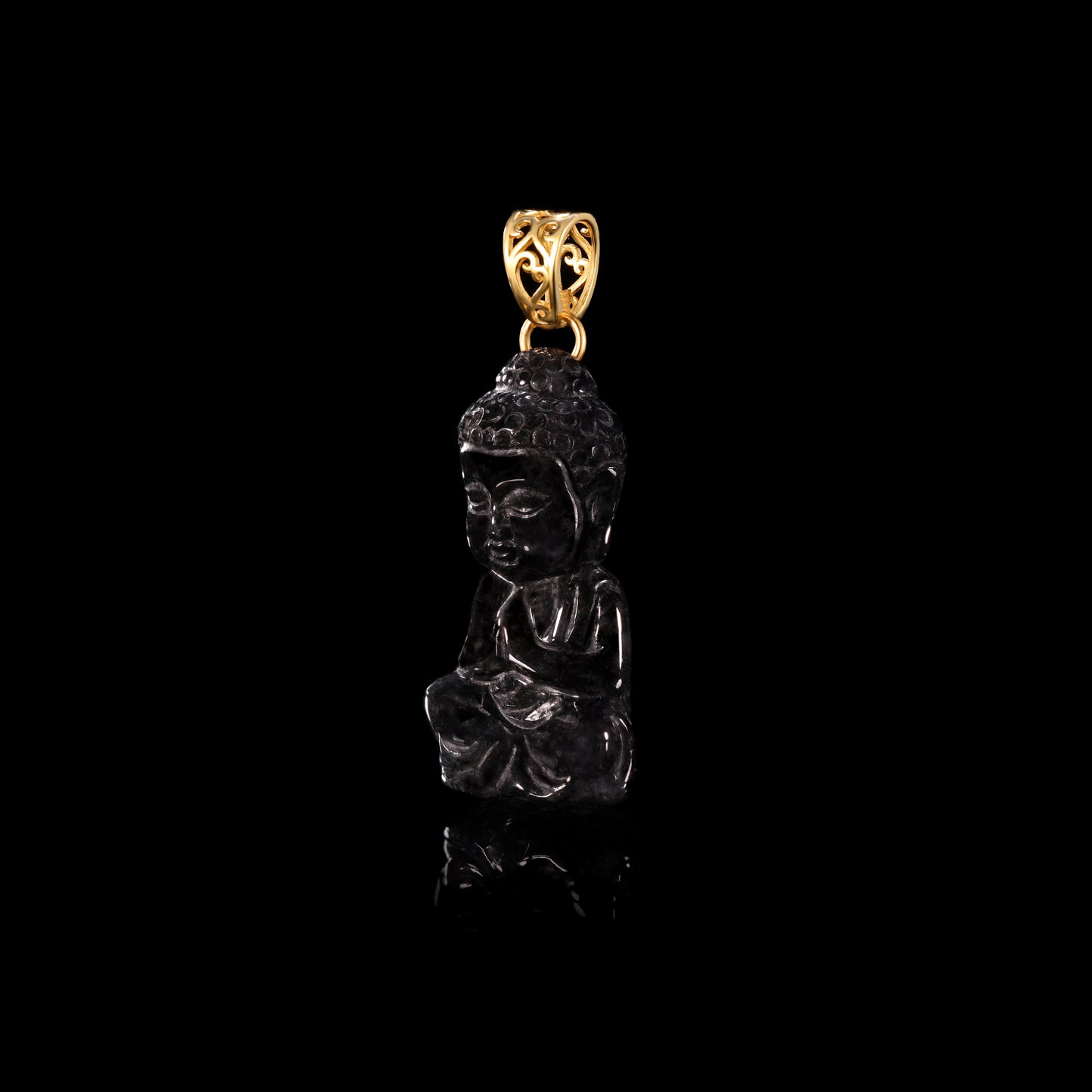 Natural Jadeite Seated Buddha Pendant | Full 3D Praying Shakyamuni | 18K Gold Filigree Bail - Grade A Natural Jade Jewelry