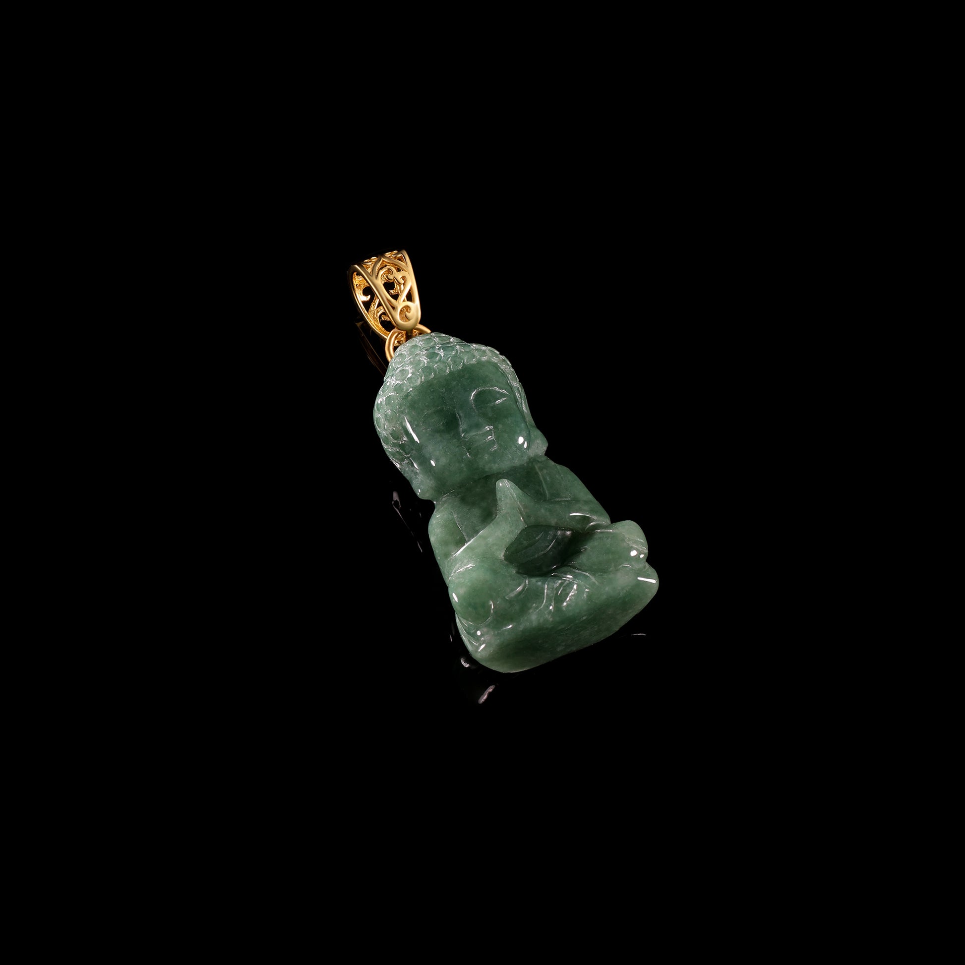 Natural Jadeite Seated Buddha Pendant | Full 3D Praying Shakyamuni | 18K Gold Filigree Bail - Grade A Natural Jade Jewelry