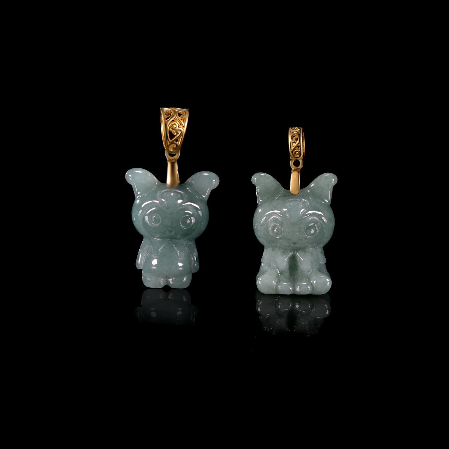 Natural Icy Grey-Blue Jadeite Cartoon Puppy Pendant | Full 3D Sitting Dog | 18K Gold Filigree Bail - Grade A Natural Jade Jewelry
