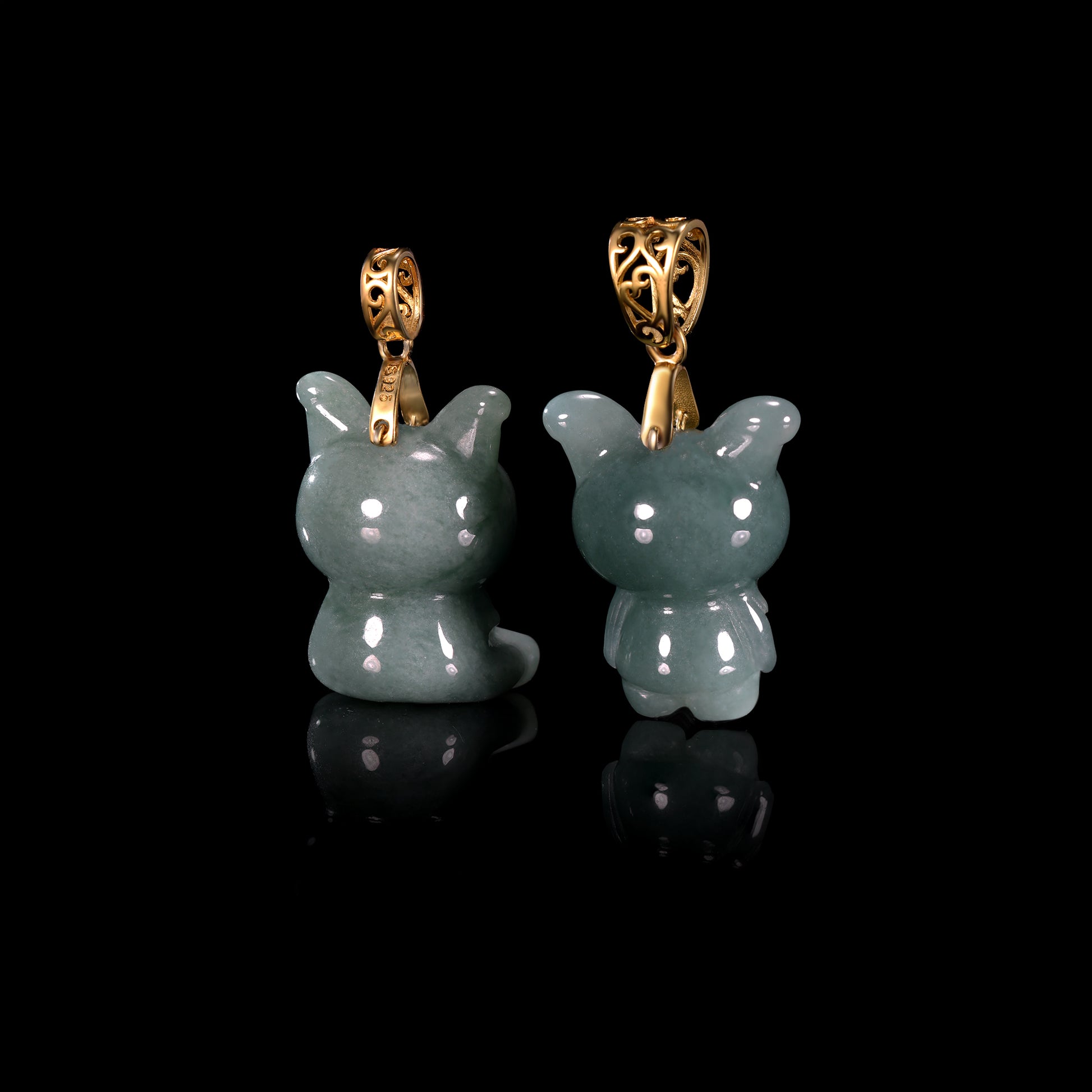 Natural Icy Grey-Blue Jadeite Cartoon Puppy Pendant | Full 3D Sitting Dog | 18K Gold Filigree Bail - Grade A Natural Jade Jewelry
